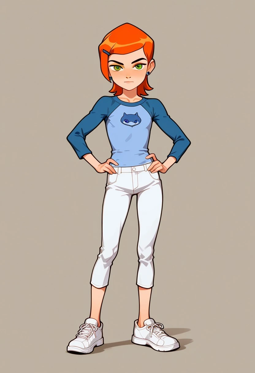solo, athletic petite, portrait, gwen tennyson, looking at viewer, hands on hips, white pants, long sleeve blue shirt, orange hair, full body
