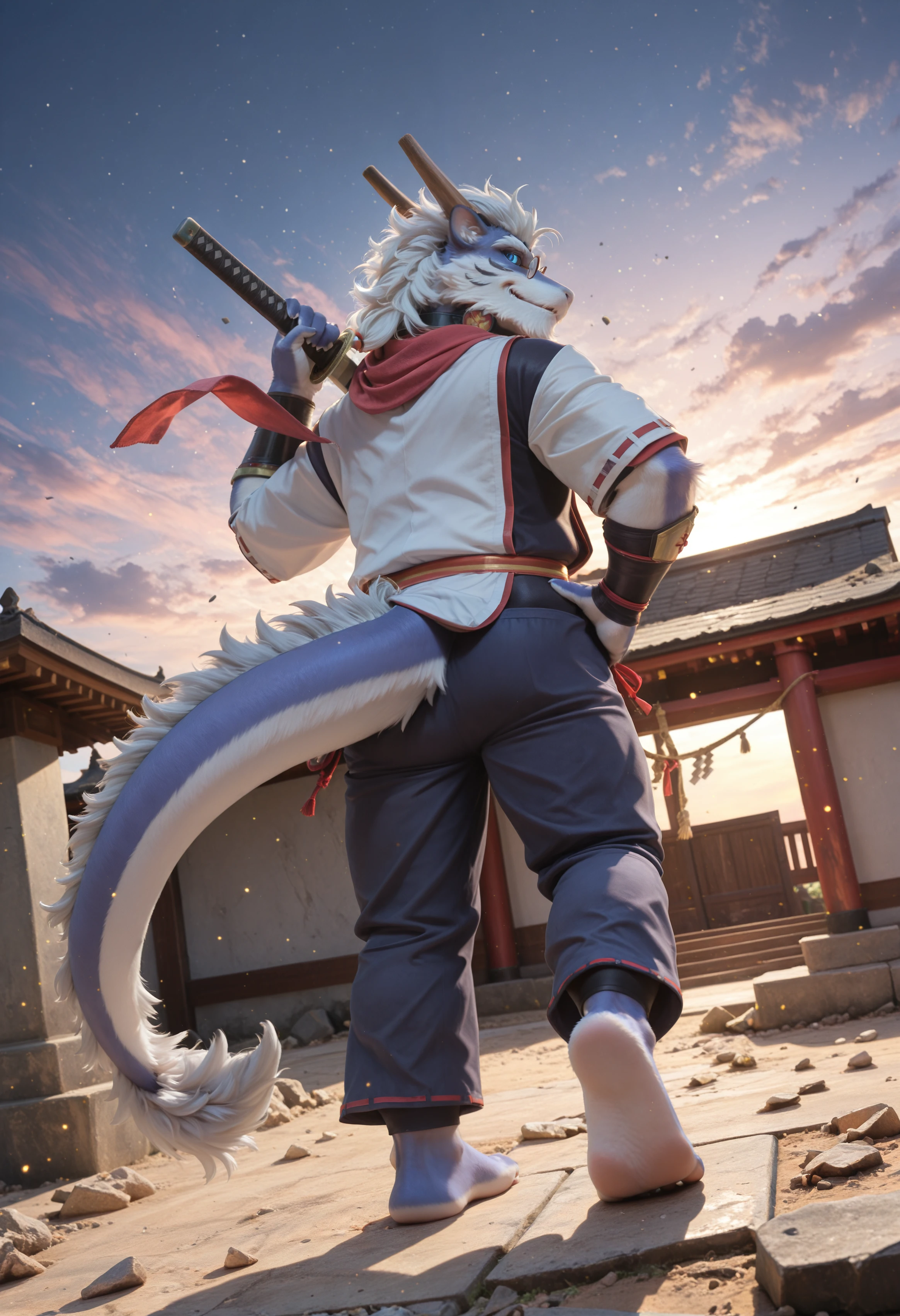 (masterpiece, best quality, very aesthetic, newest, 2024:1.2), (photorealism, photorealistic:1.2), hi res, detailed fur, fluffy fur, close up,   dutch angle, shiki_taigen, dragon, furry male, furry, male focus, body fur, 1boy, solo, animal ears, tail, horns, blue eyes, bara, looking at viewer, long hair, glasses, white hair, japanese clothes, ancient ruined temple, cracked stone pillars, glowing sky,   standing on debris, holding katana resting on shoulder, torso upright, one paw on hip,   serious, proud, calm eyes,   slightly low angle,   battle uniform, red scarf flowing,   cinematic dust particles, epic lighting, ultra-detailed, (rear view, looking back:1.15), leg up, barefoot  <lora:noobReal-V2.1:0.45> <lora:Shiki_Taigen_UTAU_Illustrious:1>