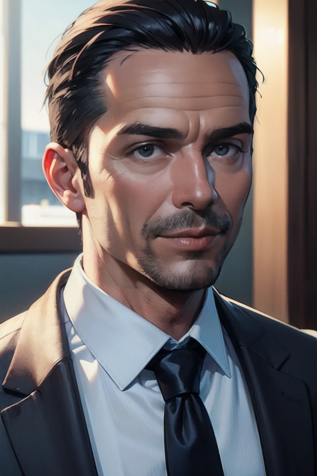 middle-aged man, close-up portrait, suit and tie, slightly smiling, moody shadows BREAK best quality, (ultra fine illustration, ultra detailed:1.2), cinematic lighting
