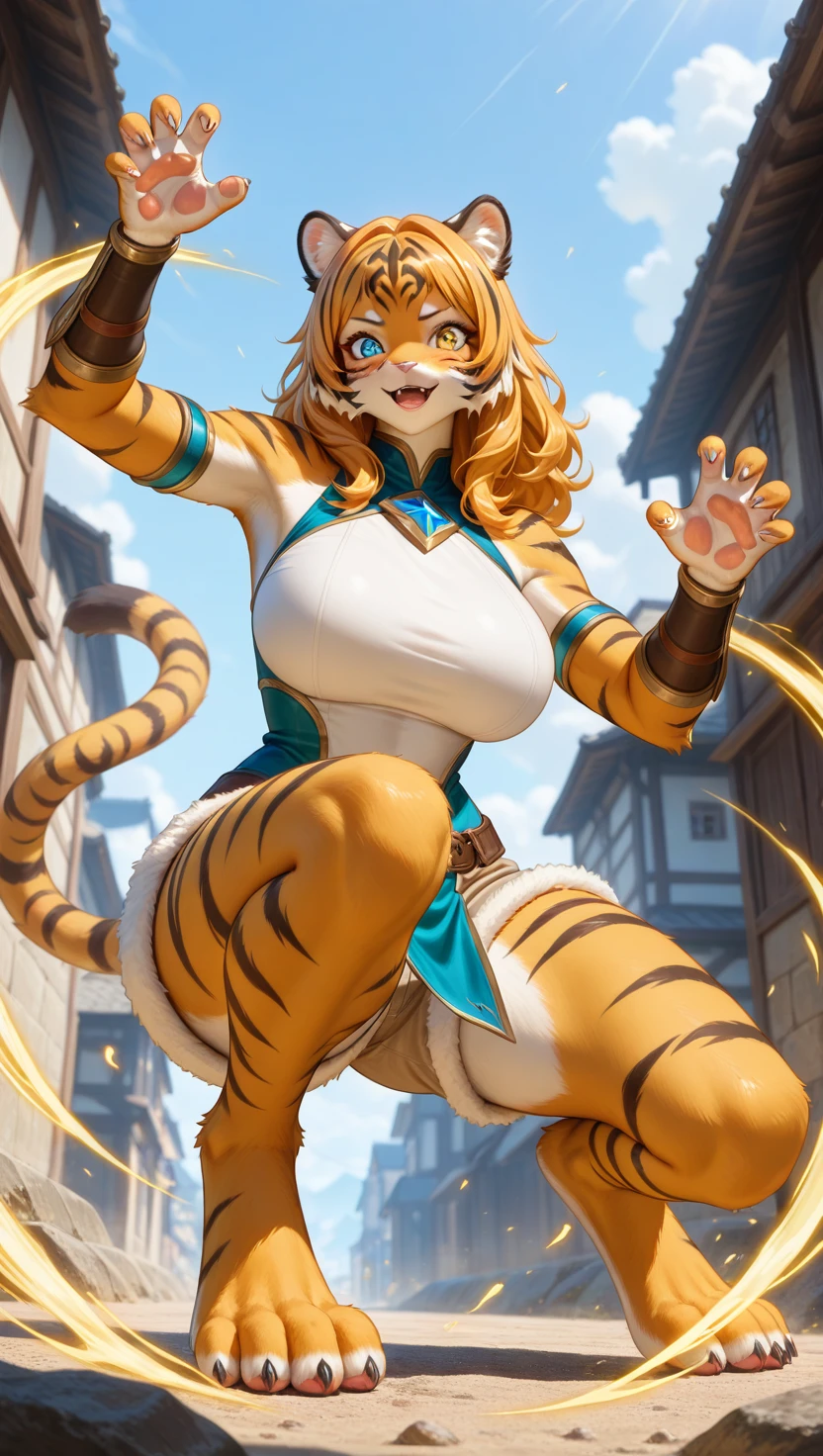 sfw:1.2, epic final battle scene, fierce and charismatic expression, nice hands, perfect hands, perfect anatomy, perfect structure,  cowboy shot, from front, low angle,  golden aura effect around her, standing,  battle pose, claw pose, superhero landing:1.4, cat ears, gaze at viewer,  background is glass-field in fantasy world, outdoors,  she wearing an fantasy monk outfit, no-sleeve, cotton shorts, knee up,  ultra detailed lips, ultra detailed face and hair,  kawaii, adorable, cute,  tiger girl, tiger furry body, furry face, furry legs, furry arms, tiger hands, tiger claw, (blue eye, yellow eye, odd eye), (Fluffy, woolly hair:1.2),  large breasts, wide hip,, masterpiece, amazing quality, very aesthetic, high resolution, ultra-detailed, absolute, newest, 2d, semi-realistic, moe heroine, sharp focus, anime style, anime color,, masterpiece, amazing quality, very aesthetic, high resolution, ultra-detailed, absolute, newest,
2d, semi-realistic, moe heroine, sharp focus,, anime style, anime color,