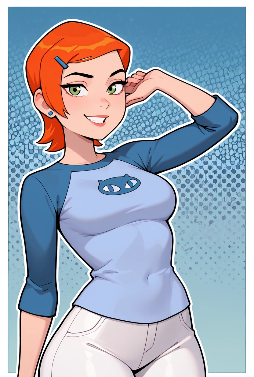 <lora:gwenos-08:1> gwenos, short hair, hairclip, orange hair, 1girl, green eyes, earrings, solo, blue shirt, raglan sleeves, cat print, white pants, eye liner, adult, busty, medium breasts, wide hips, lips, pose, teeth, , looking at viewer, smile, blue background, adult,, masterpiece, best quality, amazing quality, very aesthetic, absurdres, newest,, upper body, halftone effect, white borders, abstract background:1.2, white outline,