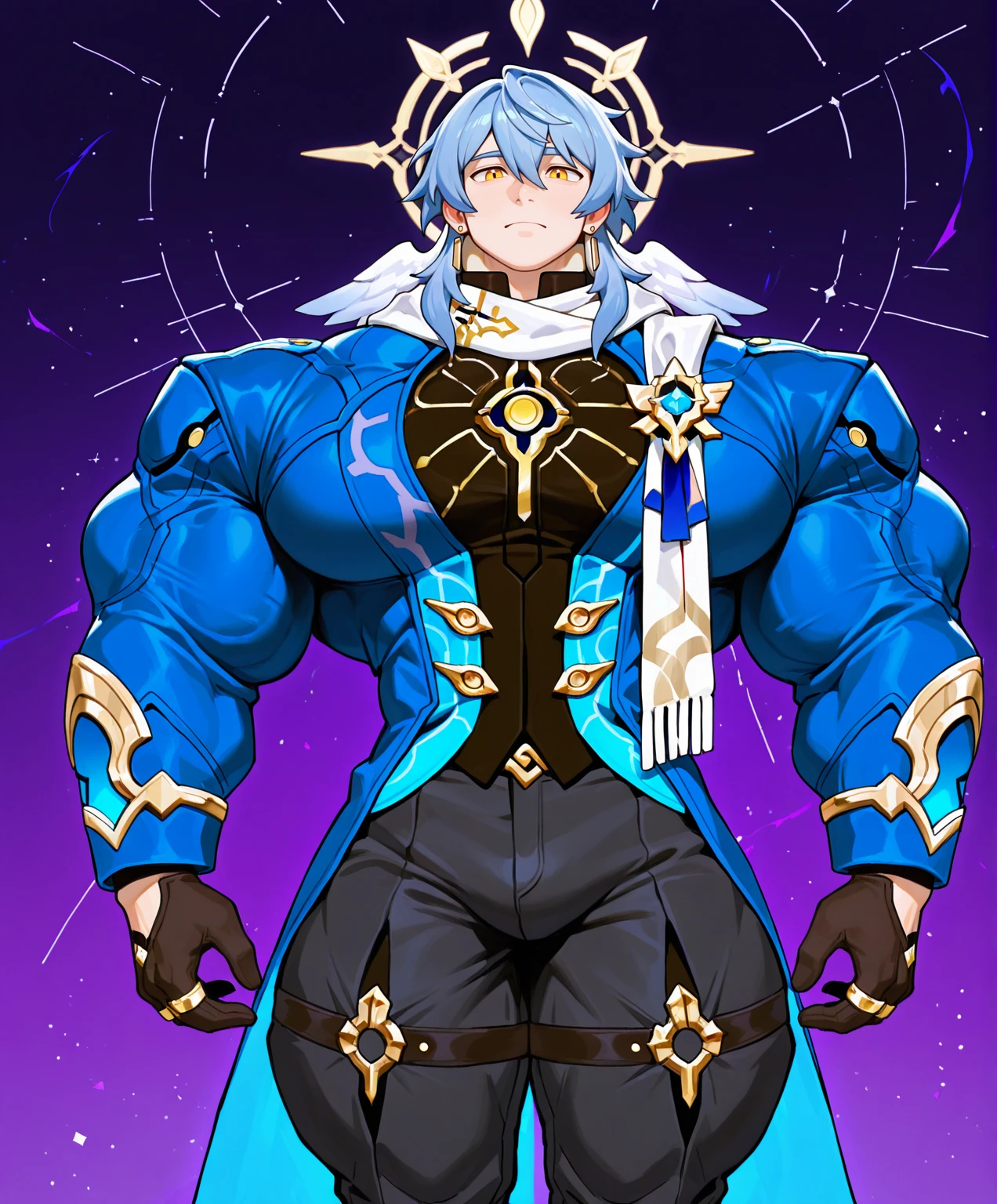 masterpiece, best quality, absurdres, newest, perfect quality, best quality, detailed background, intricate details, bara, (boy, male, male focus:1.5), (human:1.8), <lora:IL_BaraMerge_2.1:0.4>, <lora:NAI_Style_Yuatari:0.55>, <lora:IL_Fix_HyperMuscles:0.25>, <lora:NAI_Style_CheeseCrumbles:0.3> cheesecrumbles, muscular, (hyper muscles, hyper pecs), sunday \(honkai: star rail\), blue hair, golden eyes, earrings, halo, closed (multicolored:1.3) black and dark blue large coat with yellow inner fabric, white scarf with brooch, long sleeves, gloves, black pants, rings, (solo, 1boy:1.3), (facing viewer), looking at viewer, cowboy shot, (simple purple background)