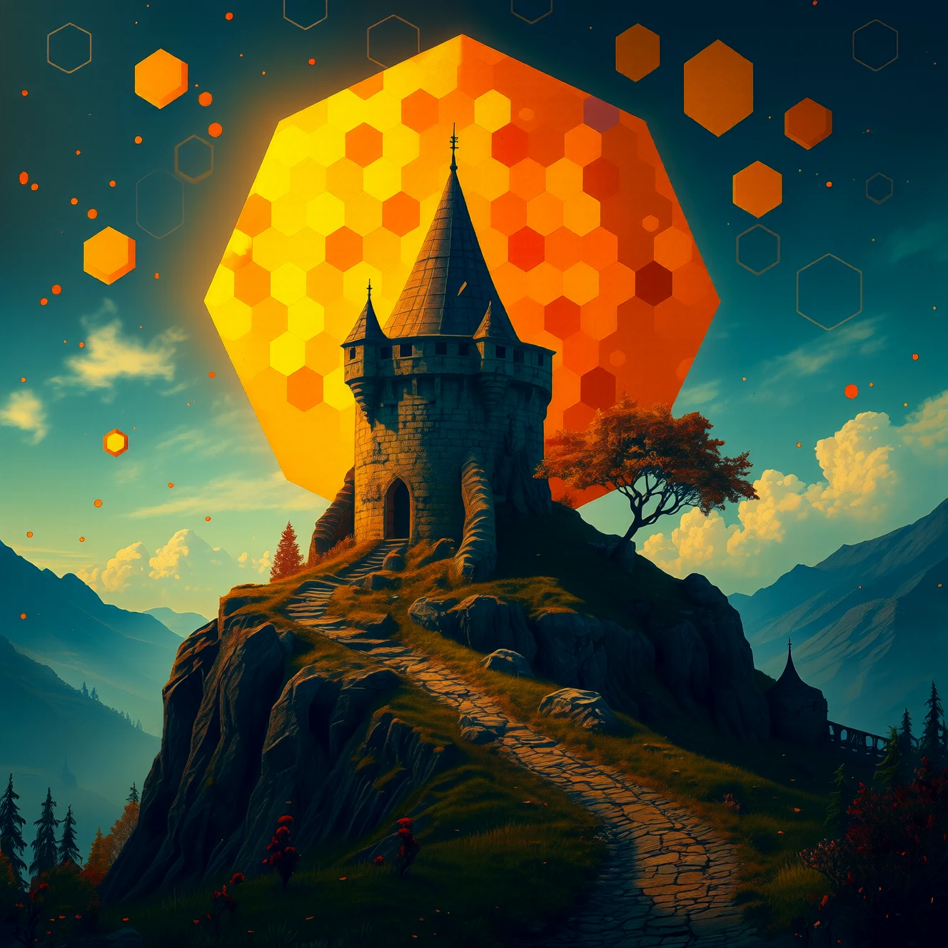 Medieval atmosphere.

An ancient tower on a hilltop. Geometric. Honeycomb. 