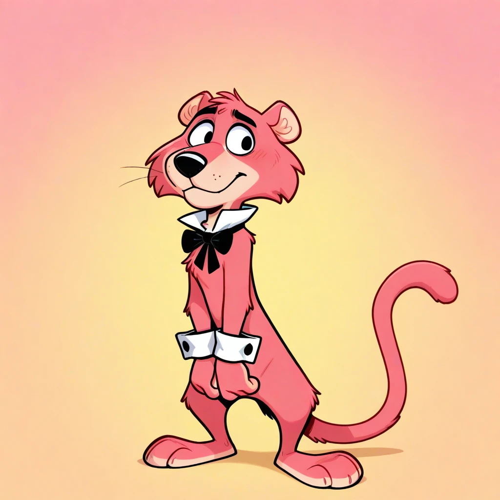 solo, full-length portrait, snagglepuss, (shirt:0 collar), black bow tie, white cuffs \(clothing\), gradient background, yellow background, digital media \(artwork\) <lora:snagglepuss_9.0noob:1>