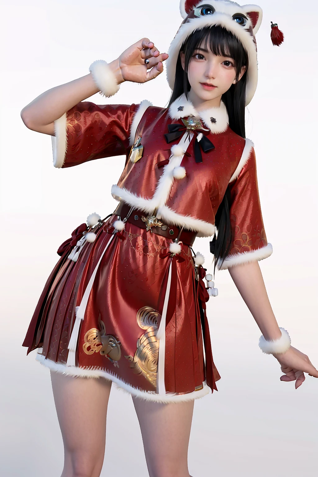 ,1girl,fur trim,white footwear,(red hat:1.3),(animal hood:1.3),red skirt,bell,chinese clothes,capelet,pom pom (clothes),black hair,double bun,purple eyes,(white_background:1.5),front view,(cowboy_shot:1.4),looking_at_viewer,<lora:æ°¸å«æ é´è¡æ¡æ¥æ¡ç¬SD1.5:0.7>, (masterpiece:1.2),best quality,masterpiece,highres,original,extremely detailed wallpaper,perfect lighting,(extremely detailed CG:1.2),