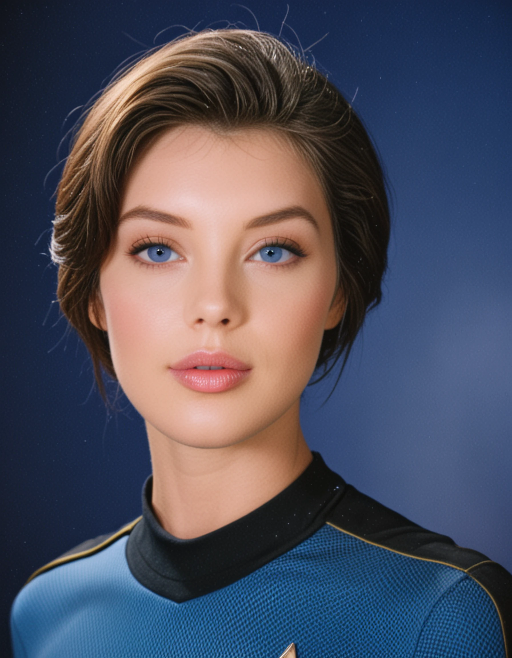 aptkaylee, yellow and black uniform, 1girl, solo,looking at viewer, parted lips, realistic, portrait, lips, short hair, lips parted, fujifilm, masterpiece, blue eyes, photograph, star trek, (film grain):1.7, traditional media
