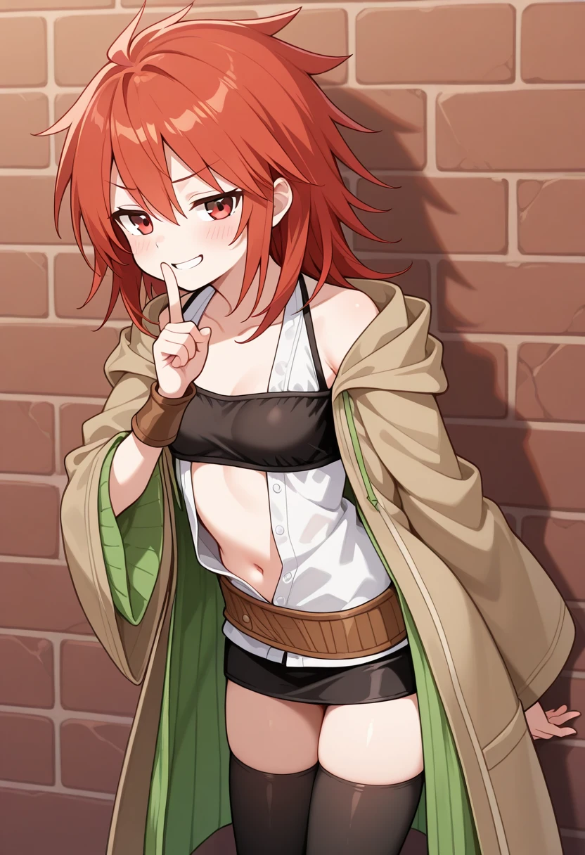 1girl, solo, hiitaygo, duel monster, red hair, medium hair, red eyes, brown hooded robe, wide sleeves, green ribbed coat, layered clothes, white sleeveless shirt, open shirt, navel, collarbone, black bandeau, brown belt, brown wrist guards, black skirt, pencil skirt, black thighhighs, brick wall, grafitti, leaning, cowboy shot, smile, smug, finger to mouth, shushing,