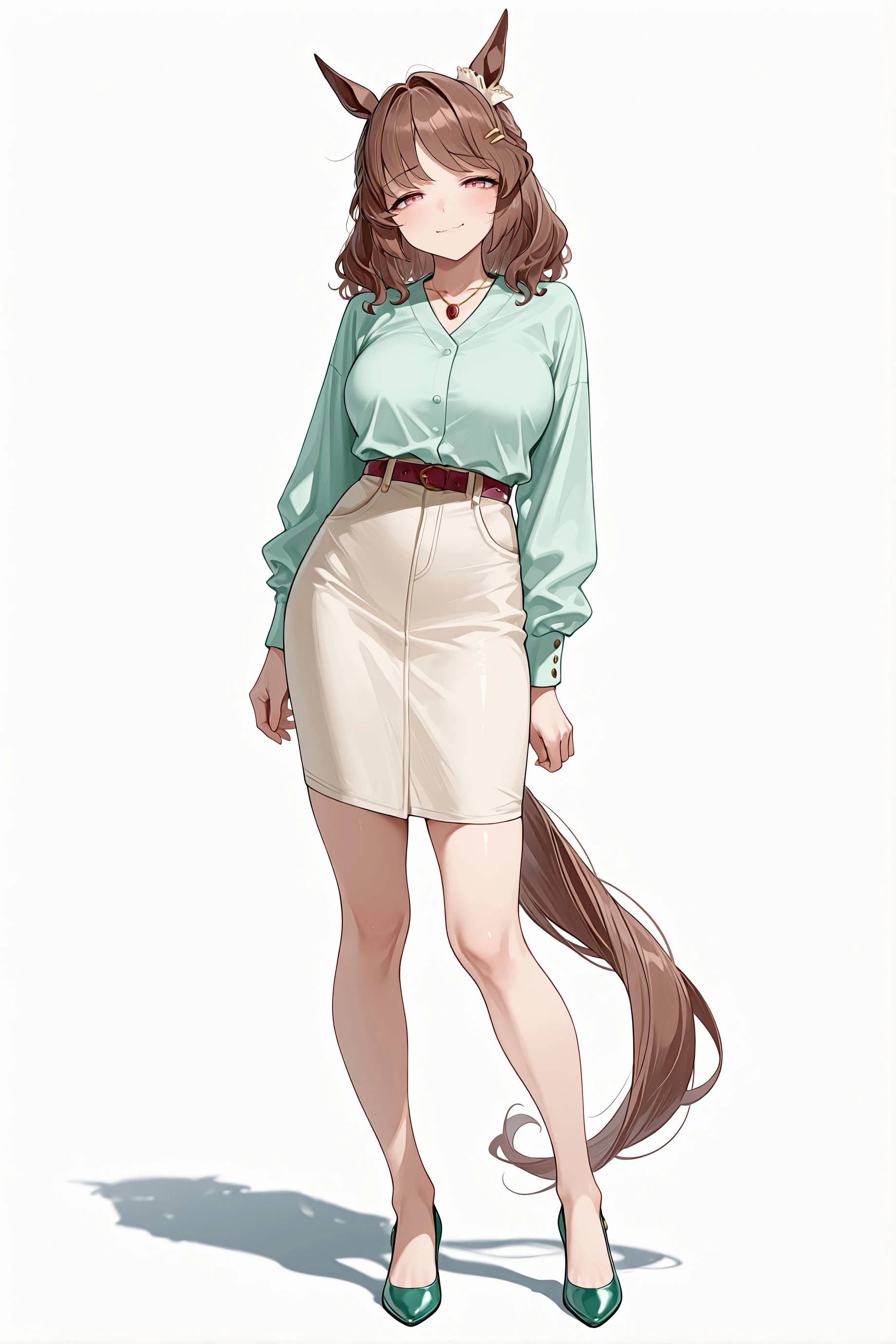 1girl, solo, <lora:lighthelloillv2:1>, light hello \(umamusume\), horse tail, horse girl,
pendant, green shirt, belt, pencil skirt, green pumps,
narrowed eyes, split mouth, wavy mouth, smile,
standing, contrapposto,
white background, shadow, facing viewer, straight-on,
full body, looking at viewer, masterpiece, best quality, amazing quality, very aesthetic, absurdres, highres, newest, <lora:xl_saturation_slider:0.1>, <lora:illustriousXLv01_stabilizer_v1.198:0.4>, <lora:reduce_wrinkles_illstriouosv0.1_ADDifT_2_in_1_v1.2:0.9>,