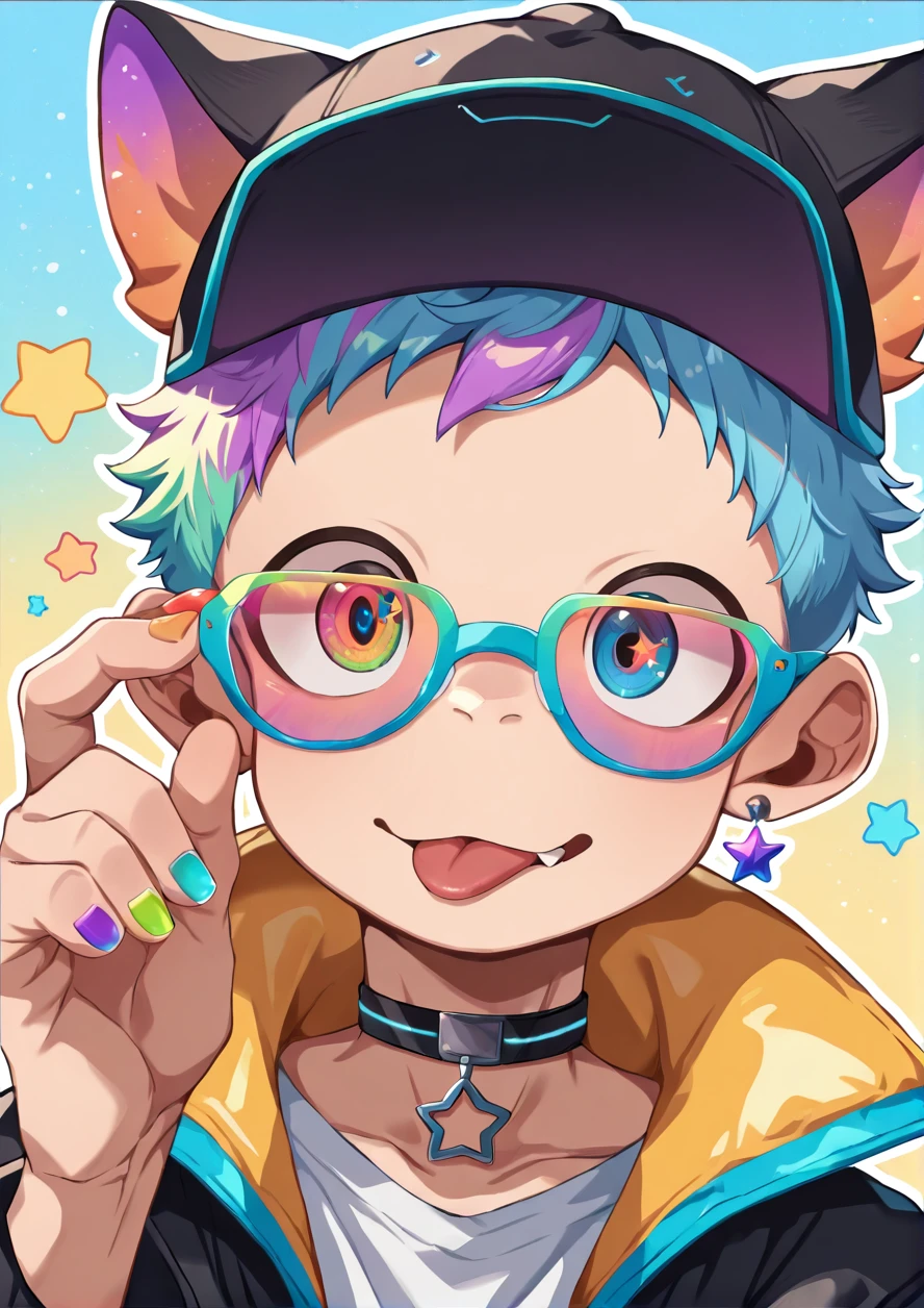 masterpiece,best quality,high quality,highly detailed,intricate,8k,absurdres,1boy,solo,tongue out,looking at viewer,fang,cute,adjusting eyewear,colorful nails,colorful hair,very short hair,colorful earrings,fingernails,hair accessories,colorful jewelry,colorful-framed eyewear,colorful-tinted eyewear,portrait,colorful background,colorful eyes,big round eyes,heterochromia,star \(symbol\),tinted eyewear,upper body,cat ear,headwear,cyber jacket,cyber choker <lora:ããããwaryusya_IL7_32:1>
