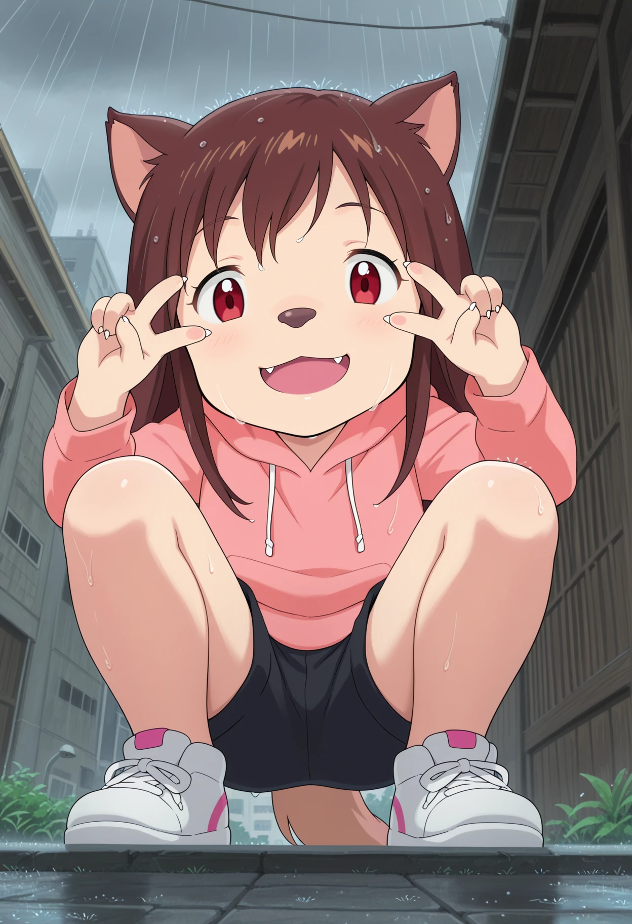 anime screenshot, rain, BREAK, 1girl, solo, BREAK, Kemono, BREAK, <lora:Yuki_v2_r1:1>, Yuki_WC, brown eyes, brown hair, long hair, pink hoodie, long sleeves, sneakers, from below, city, looking down, smile, open mouth, squatting, barefoot, furry, young anthro, Wolf girl, wolf ears, wolf tail,  animal hands, animal nose, grin, black shorts, v over eye,