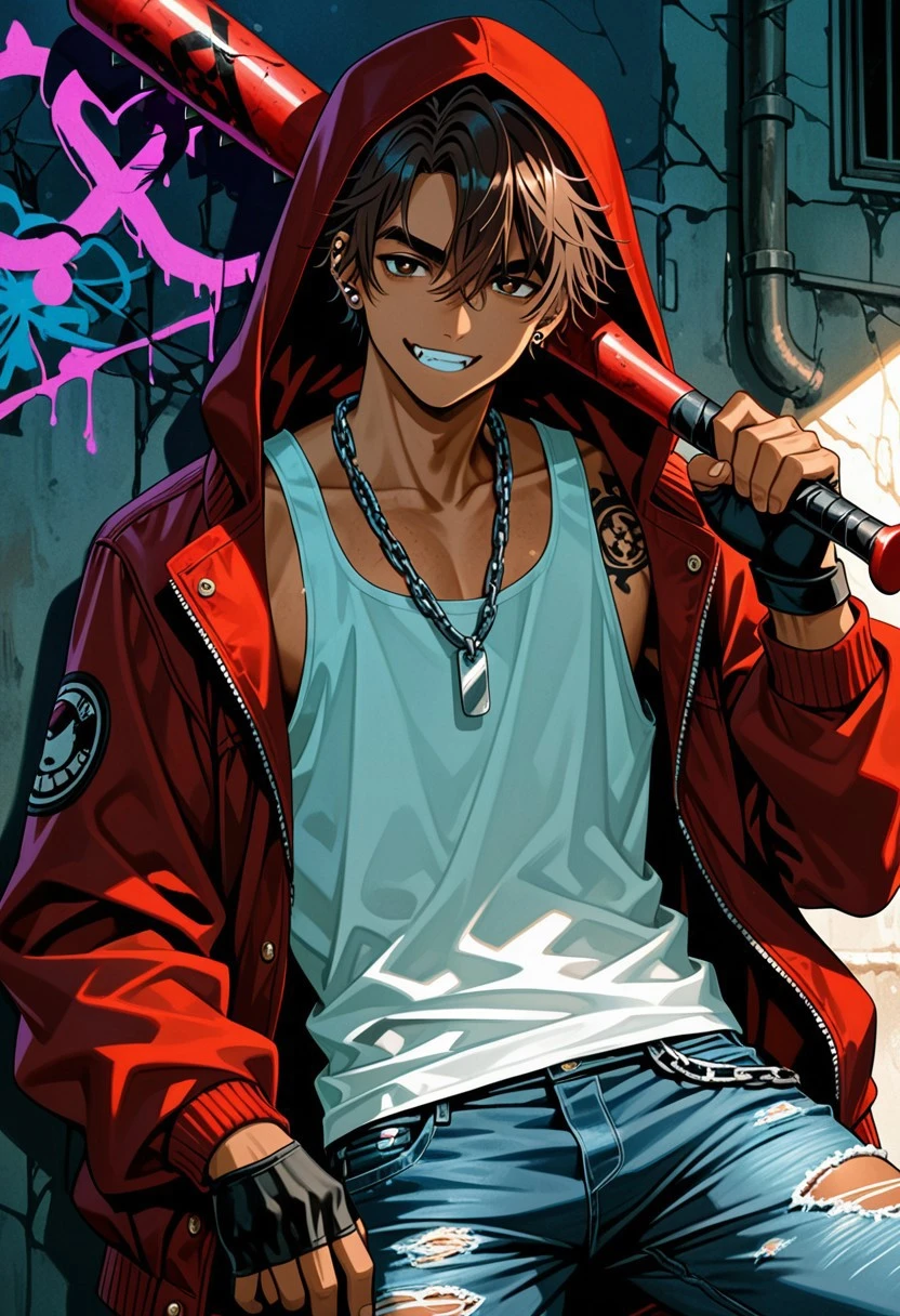 Masterpiece, best quality, vibrant, solo, 1boy, rugged and athletic male with tanned skin, short dark brown hair slightly messy, confident grin showing one tooth, piercing eyes, heavy eyebrows, wearing a loose white tank top with visible tattoos on arms and neck, ripped jeans, oversized bomber jacket in deep red with a hood partially up, chain necklace, fingerless gloves, holding a baseball bat casually on his shoulder, street alley background with graffiti, broken neon signs flickering, subtle smoke on the ground, cinematic lighting creating dramatic shadows, raw energy and confident attitude, bold urban thug style.