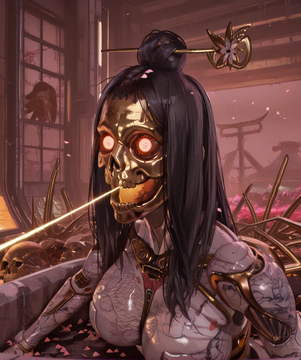 krkrixl, black hair, hair stick, single hair bun, red glowing eyes, gold exoskeleton, gold skeleton head,
large breasts, open mouth, mouth beam, looking at viewer,
indoors, science fiction, solo, pink petals,
clear composition, atmospheric haze, ambient occlusion, solo,
(insanely detailed, masterpiece, best quality), <lora:Karakurixl-12v1-iLL:0.8>,