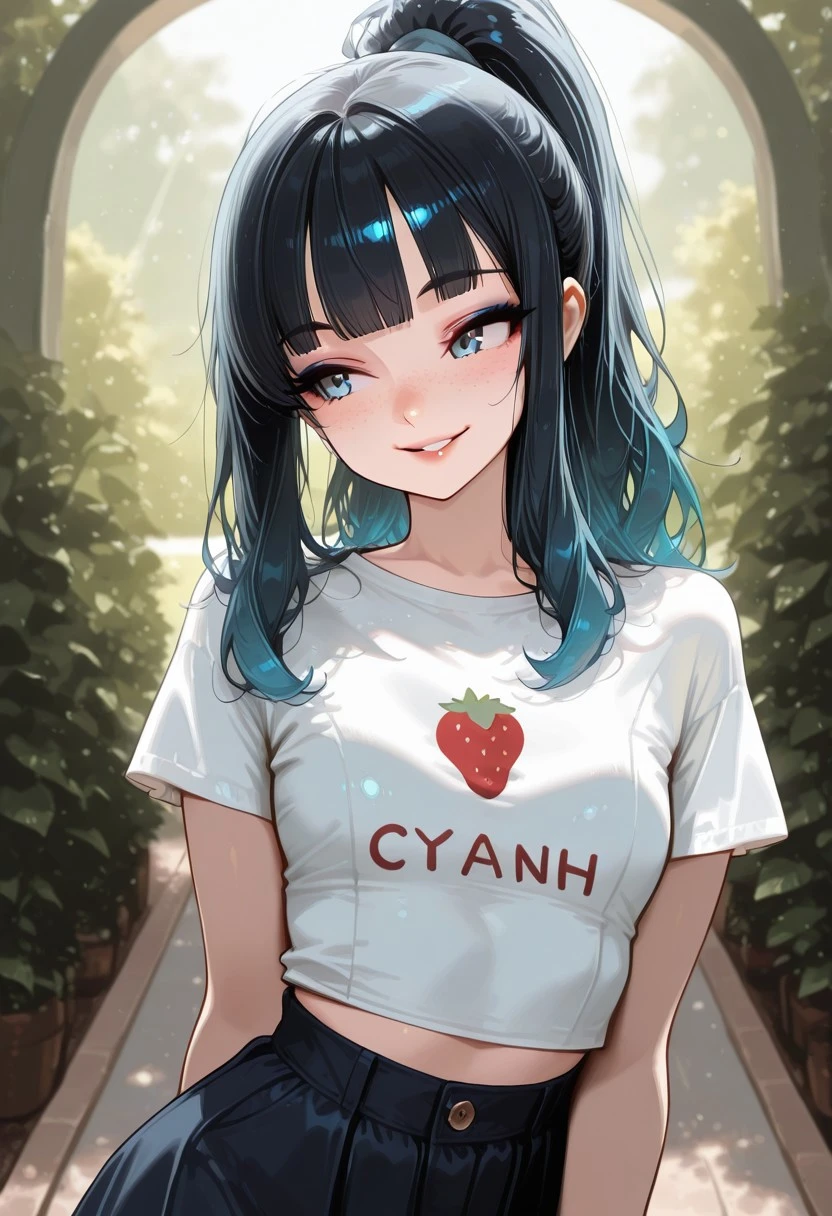 masterpiece, best quality, 32k, high resolution, absurdres, 1girl, Kimb3r1yRH, dark hair, cyan gradient hair, high ponytail, long hair, blunt bangs, freckles, blue eyes, small mouth, thin nose, small breasts, slim, Adult girl, portrait, cowboy shot, posing cute, frilled t-shirt, cute t-shirt, strawberries pattern t-shirt, skirt, makeup, midriff, parted lips, cute smile, outdoors, garden, sunny, sun rays,