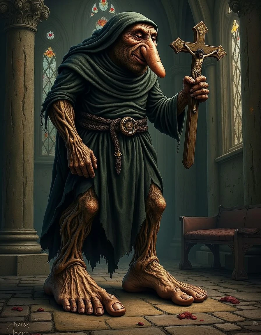 "A grotesque, large-footed creature with a prominent nose, dressed as a monk in a traditional soutane, stands within a dimly lit, gothic-style church, clutching a crucifix with unsettling intensity. The creature’s expression is a disturbing mix of piety and menace, creating a deeply unsettling mood.", [Dark fantasy illustration, inspired by Hieronymus Bosch and Gustave Doré], [Low-key lighting with strong chiaroscuro effects, predominantly cool grays and browns with splashes of crimson from the crucifix, highly detailed textures on the creature's skin and the church’s stonework, depth of field with focus on the creature and the crucifix, subtle volumetric lighting filtering through stained-glass windows, rendering in the style of a highly detailed etching.]
<lora:Flux_Krea_Blaze_Lora-rank64:1>   <lora:brr-brr-patapim:1>