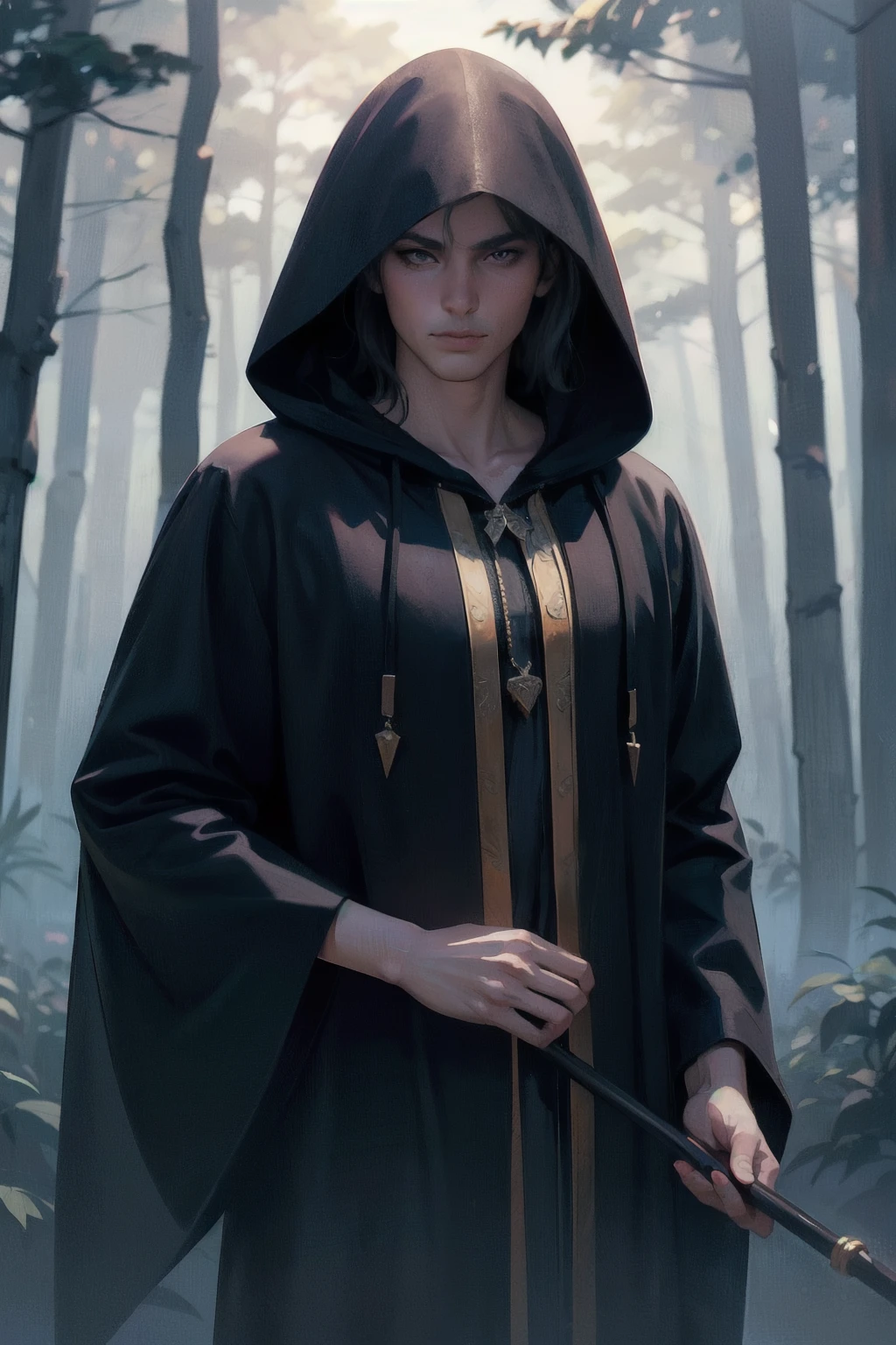 mysterious man, wearing a dark hooded robe, holding a magic staff, standing in a misty forest, portrait BREAK best quality, (ultra fine illustration, ultra detailed:1.2), cinematic lighting