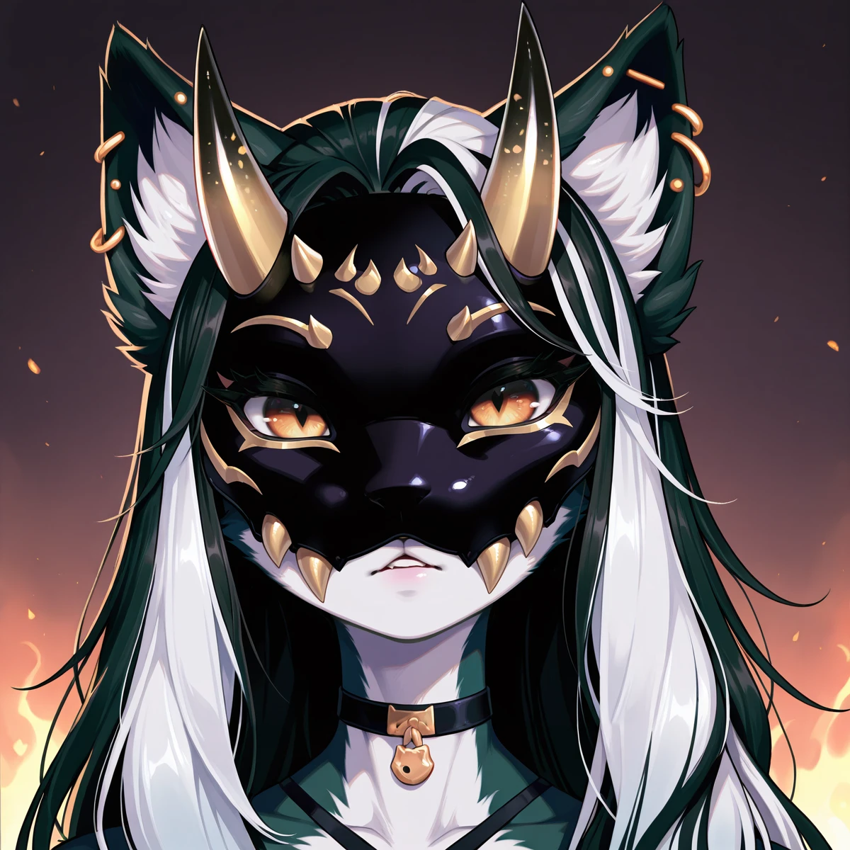 masterpiece, 
Skylar, 1girl, solo, long hair, black hair, animal ears, jewelry, white hair, multicolored hair, earrings, parted lips, horns, choker, cat ears, colored skin, piercing, ear piercing, portrait, furry, furry female, wearing mask, oni mask
 <lora:Skylar_-_AeriytheNeko_-_illustrious:0.8>