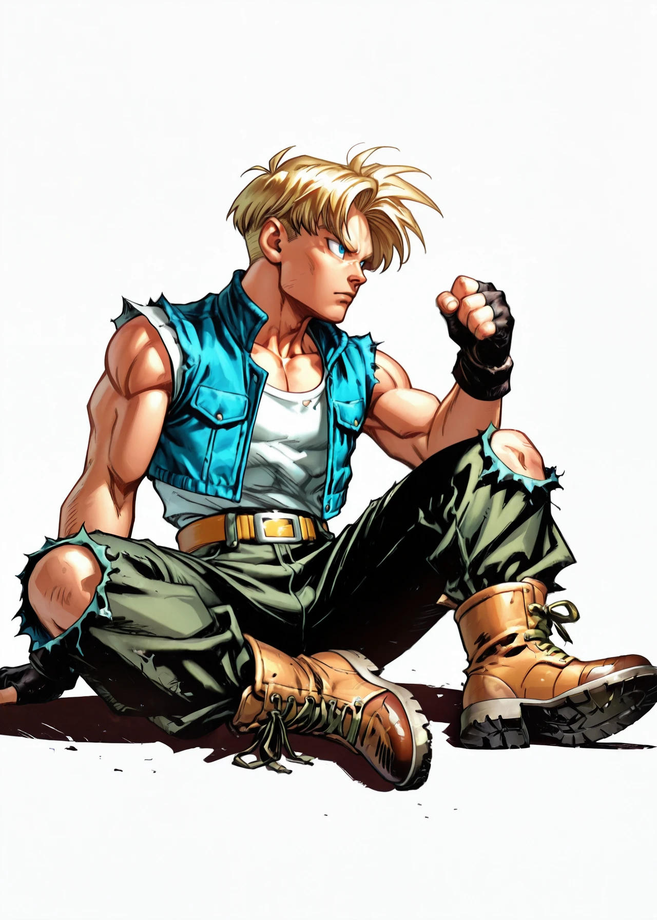 embedding:Stable_Yogis_PDXL_Positives, embedding:Stable_Yogis_PDXL_Positives2, embedding:lazypos, embedding:cr1sp,  1boy, Trunks (dragonball),, abs, belt, biceps, black gloves, brown footwear, collarbone, combat boots, cross-laced footwear, fingerless gloves, gradient, jacket, lace-up boots, muscular, pants, shirt, short hair, simple background, sitting, tank top, torn clothes, torn pants, torn sleeves, vest, white background, masterpiece, best quality, amazing quality, very aesthetic, absurdres, newest, (scenery, volumetric lighting), 8k, detail, sharp focus, HDR, bold outlines, strong shadows, high contrast, smooth gradients, ultra detailed, vibrant, stunningly beautiful, crisp lines, detailed, sleek, ultramodern, subtle shadows, intricate, professional, high-resolution, perfect lighting, very awa, ultradetailed, solo, depth, complex lighting, movie quality
,