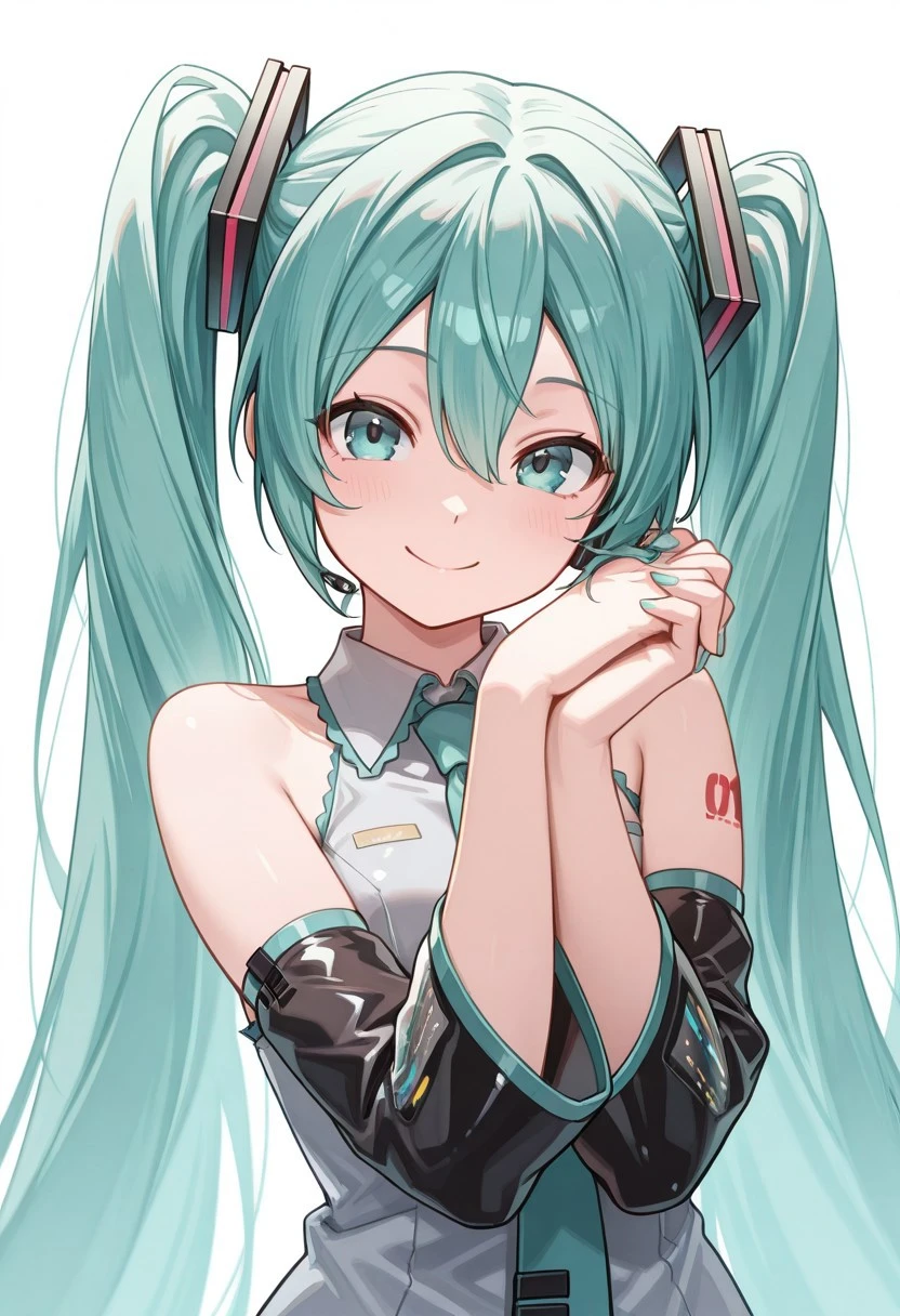 solo, upper body, woman, hatsune miku, absurdly long hair,aqua hair,twintails,hair ornament,sidelocks,hair between eyes,parted bangs,aqua eyes, white shirt,collared shirt,bare shoulders,sleeveless shirt,aqua necktie,detached sleeves,black sleeves,shoulder tattoo,fringe, endearing_pose, own hands together, interlocked fingers, hands near head, looking at the viewer, smile, white background, masterpiece, 4k resolution, anime