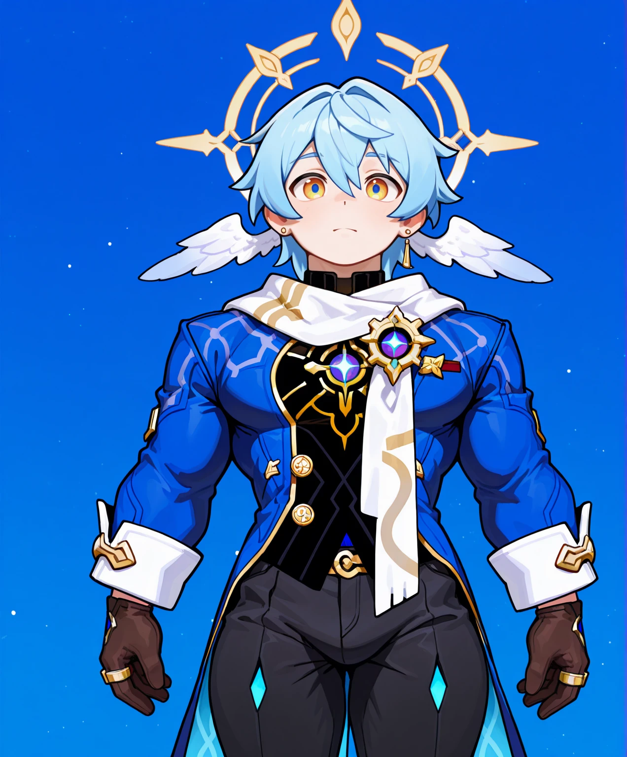 masterpiece, best quality, absurdres, newest, perfect quality, best quality, detailed background, intricate details, bara, (boy, male, male focus:1.5), (human:1.8), <lora:IL_BaraMerge_2.1:0.4> <lora:NAI_CuteMerge_1.1:0.5> cute, <lora:IL_Fix_AgeSlider:-0.8>, (small height, shortstack:1.6), (muscular, big muscles), big muscles, big pecs, sunday \(honkai: star rail\), blue hair, golden eyes, earrings, halo, closed (multicolored:1.3) black and dark blue large coat with yellow inner fabric, white scarf with brooch, long sleeves, gloves, black pants, rings, (solo, 1boy:1.3), (facing viewer), looking at viewer, cowboy shot, (simple blue background)