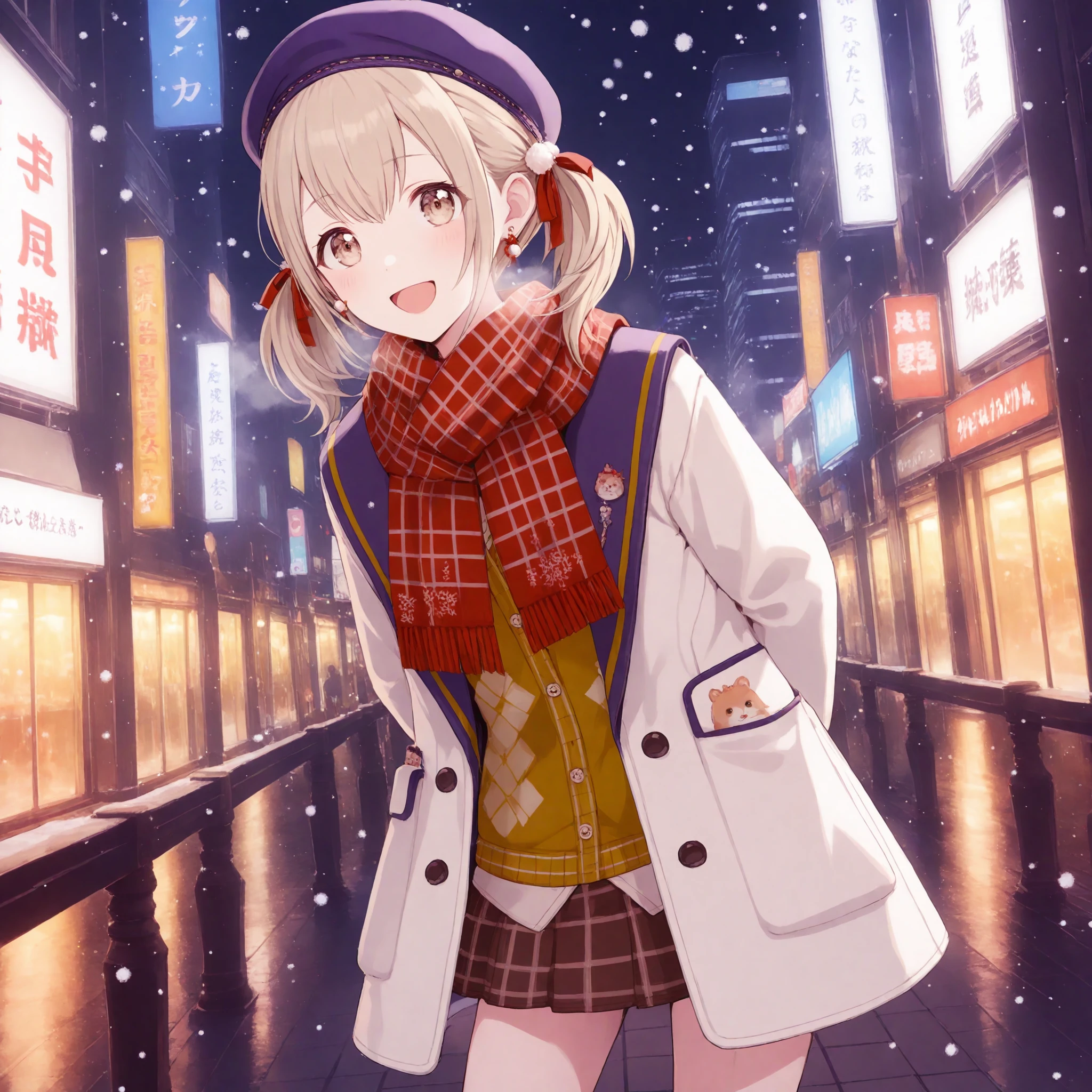 1girl, azusawa kohane, project sekai, solo,
hamsterinpocket, light brown eyes, detailed eyes, :D, happy,
looking at viewer, standing, (contrapposoto:1.2), head tilt, leaning forward, (hands behind back:1.2), dutch angle, cowboy shot,
red plaid scarf, earrings, brown skirt, hair ribbon, purple beret, sweater, white coat, pom pom (clothes), plaid skirt, red ribbon, open coat, miniskirt, buttons, cardigan, fringe trim, sleeves past wrists, pleated skirt, stuff in pocket,
dark, midnight, busy street, snowing, winter scenery, skyscraper,
nijistyle, jwst, masterpiece, amazing quality, very aesthetic,
<lora:hand 5.5:1>, <lora:IL-style-nijistyle02:0.6>, <lora:IL-style-JWST02:0.2>,
<lora:IL-vbs-InPocketKh01:0.6>