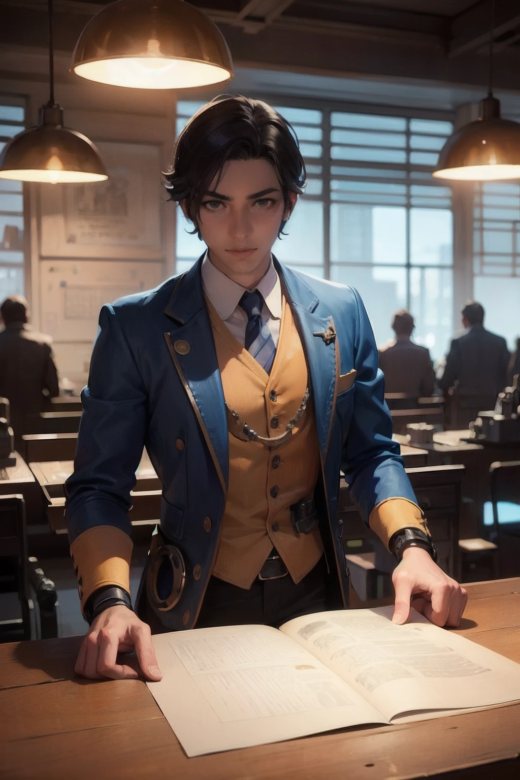 steampunk male inventor in a workshop, (blueprint on the table:1.1), from front, upper body, pipes and brass machinery, concept art BREAK best quality, (ultra fine illustration, ultra detailed:1.2), cinematic lighting