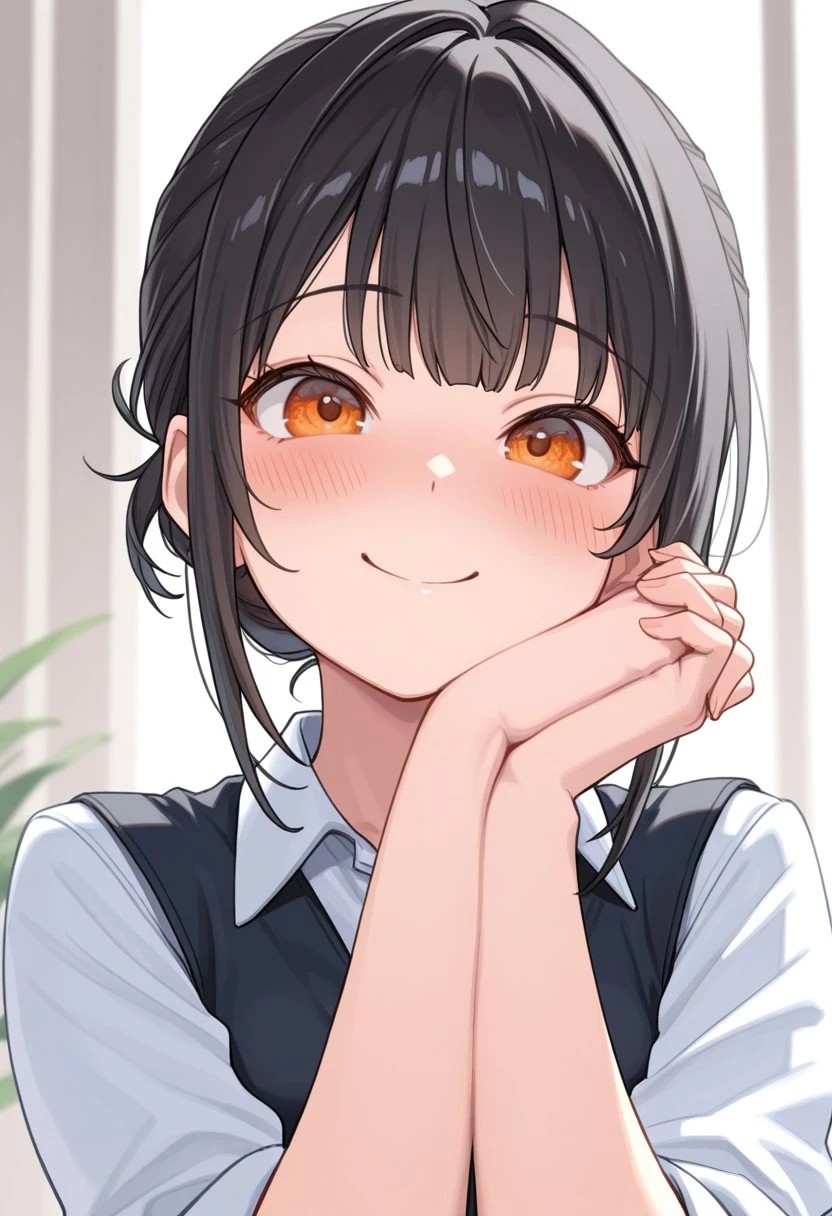 solo, portrait, 1girl, ikki eyes, black hair, orange eyes, office uniform, endearing_pose, own hands together, interlocked fingers, hands on chin, indoor, smile, blush, masterpiece, 4k resolution