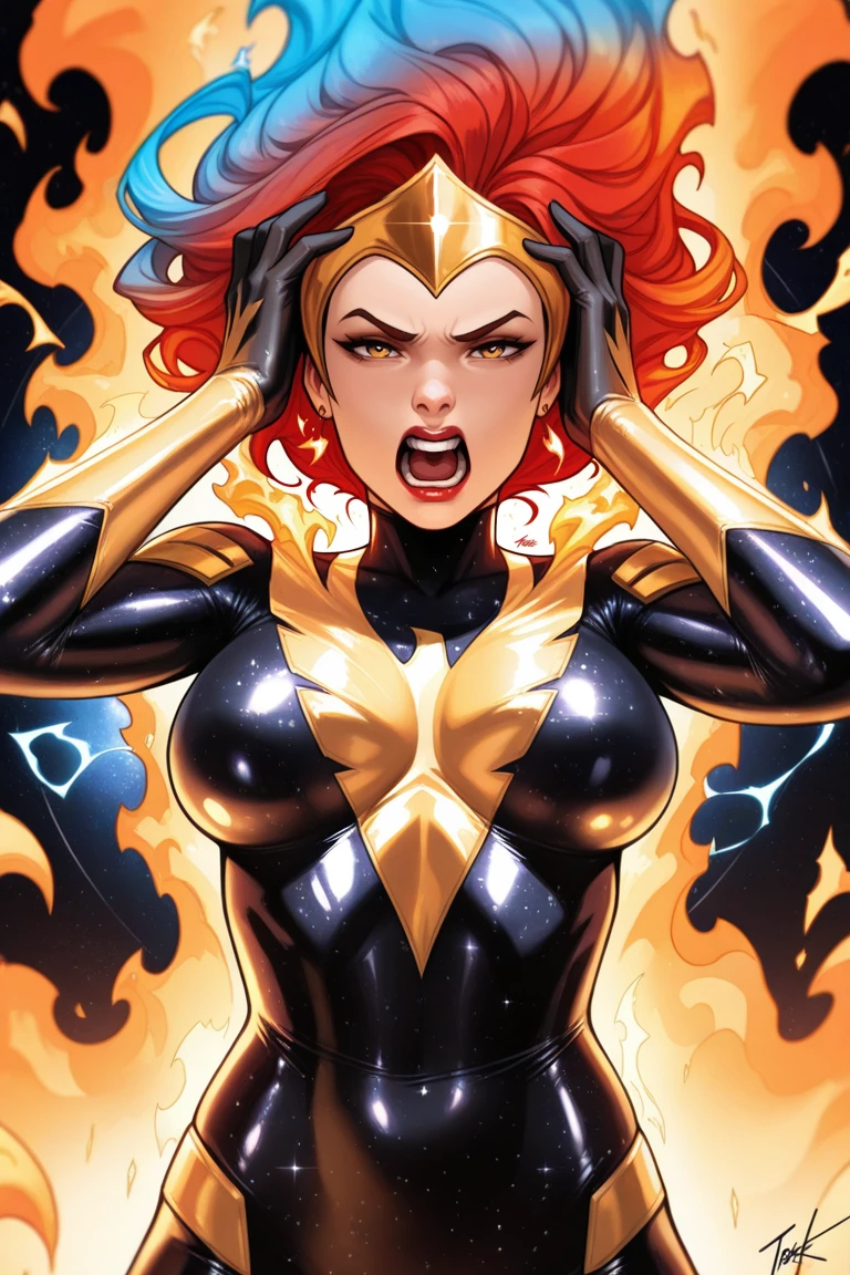 cosmicphoenix,masterpiece,best quality,solo, 1girl, open mouth, hands on own head, , multicolored hair, signature, red hair, fire, looking at viewer, long hair, gloves, upper body, fiery hair, superhero, teeth, , gradient hair, blue hair, space, yelling, skin tight, lips, red lips, tiara, shiny clothes, earrings, firey hair, armor, tokusatsu, helmet, sparks, electricity, fire, magic, aura, ahoge, tiara, phoenix symbol, gold,