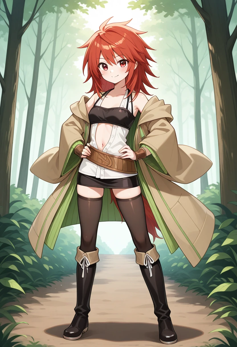 1girl, solo, hiitaygo, duel monster, red hair, medium hair, red eyes, brown hooded robe, wide sleeves, green ribbed coat, layered clothes, white sleeveless shirt, open shirt, navel, collarbone, black bandeau, brown belt, belt tassel, pom_pom_(clothes), brown wrist guards, black skirt, pencil skirt, black thighhighs, black knee boots, standing, full body, outdoors, forest, smile, hands on own hips