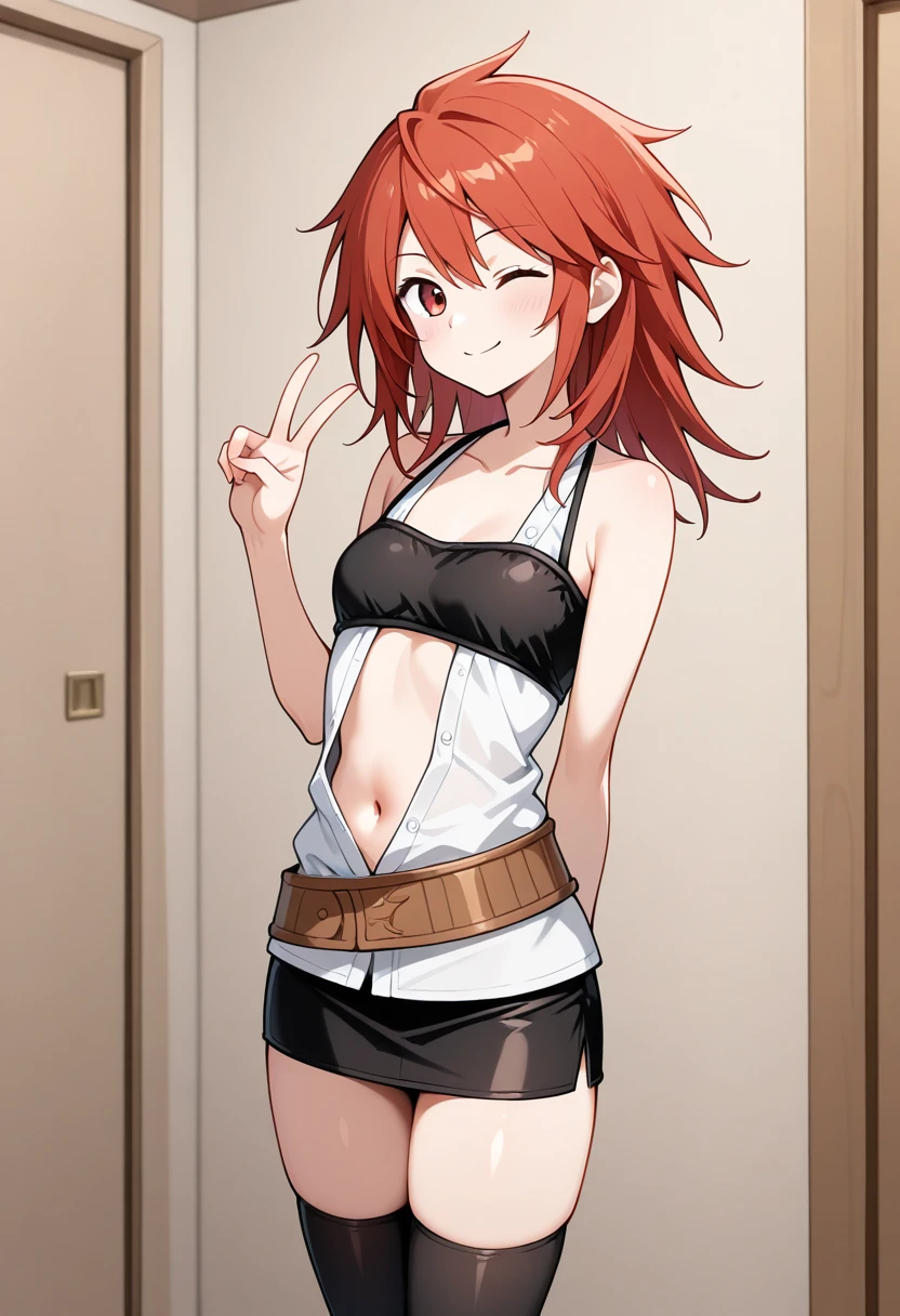 1girl, solo, hiitaygo, duel monster, red hair, medium hair, red eyes, no coat, no robe, white sleeveless shirt, open shirt, collarbone, navel, black bandeau, brown belt, black skirt, pencil skirt, black thighhighs, indoors, standing, cowboy shot, wink, smile, v,