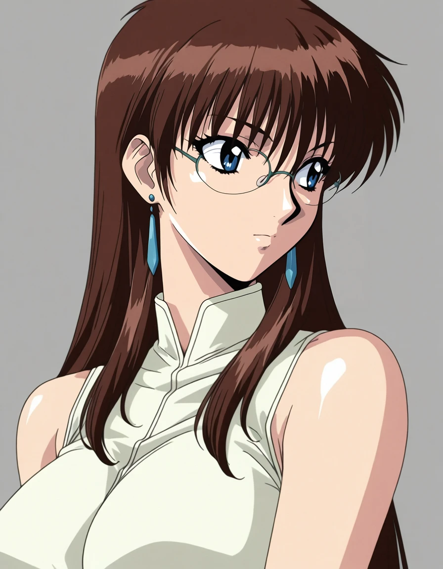 masterpiece,best quality,amazing quality,very aesthetic,high resolution,ultra detailed,perfect details,
simple background,grey background,
1girl,solo,<lora:mai-morikawa-yukari:1>,mai-morikawa-yukari,retro_artstyle,1990s_(style),aged_up,mature female,
mai-morikawa-yukari,1girl,solo,long_hair,blue_eyes,brown_hair,jewelry,bare_shoulders,blue earrings,glasses,retro_artstyle,1990s_(style),upper_body,