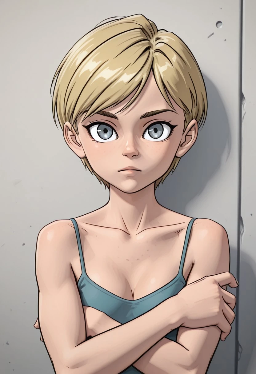 solo, athletic petite, portrait, short hair, blonde, looking at viewer, arms crossed, small breasts, cleavage