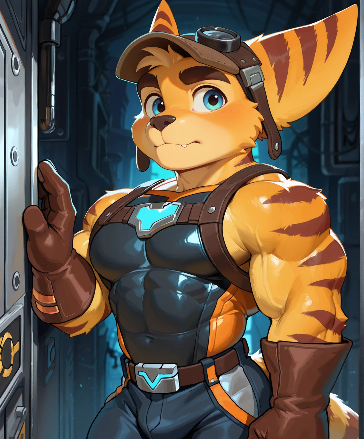 masterpiece, best quality, absurdres, newest, perfect quality, best quality, detailed background, intricate details, bara, anthro, furry, (boy, male, male focus:1.5), <lora:IL_FurryMerge_2.1:0.4>, cute, (small height, shortstack:1.6), muscular, big muscles, big pecs, ratchet \(ratchet & clank\), lombax, big ears, orange fur, brown stripes, cap
