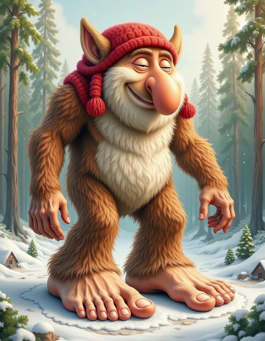 hyperrealistic art "A whimsical, furry creature with enormous feet and a bulbous nose dances playfully in a snowy forest, emitting a joyful ‘brr brr patapim’ sound, radiating warmth and cheerfulness.", [Children's book illustration, stylized cartoon], [Bright, cheerful colors with a focus on reds and whites, soft lighting to mimic a gentle snowfall, textured fur appearance, shallow depth of field focusing on the creature, whimsical background of snow-covered trees and cozy cottages, rendered in a digital painting style with slight painterly brushstrokes].
<lora:Flux_Krea_Blaze_Lora-rank64:1>   <lora:brr-brr-patapim:1> . extremely high-resolution details, photographic, realism pushed to extreme, fine texture, incredibly lifelike