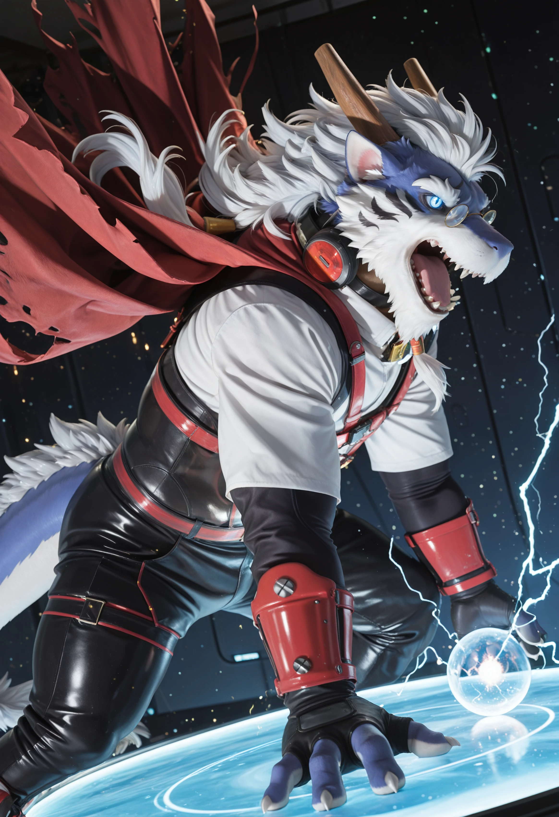 (masterpiece, best quality, very aesthetic, newest, 2024:1.2), (photorealism, photorealistic:1.2), hi res, detailed fur, fluffy fur, close up, dutch angle, shiki_taigen, dragon, furry male, furry, male focus, body fur, 1boy, solo, animal ears, tail, horns, blue eyes, bara, looking at viewer, long hair, glasses, white hair, futuristic arena, glowing floor, lightning in air, standing with arms wide, energy sphere between paws, torso forward, furious, screaming, glowing eyes, looking at enemy, side medium shot, low angle, battle harness, torn cape, cinematic energy glow, electricity particles, ultra-detailed, <lora:noobReal-V2.1:0.45> <lora:Shiki_Taigen_UTAU_Illustrious:1>
