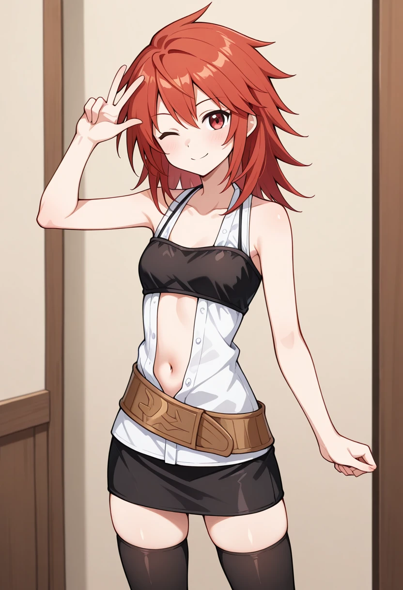 1girl, solo, hiitaygo, duel monster, red hair, medium hair, red eyes, no coat, no robe, white sleeveless shirt, open shirt, collarbone, navel, black bandeau, brown belt, black skirt, pencil skirt, black thighhighs, indoors, standing, cowboy shot, wink, smile, v,