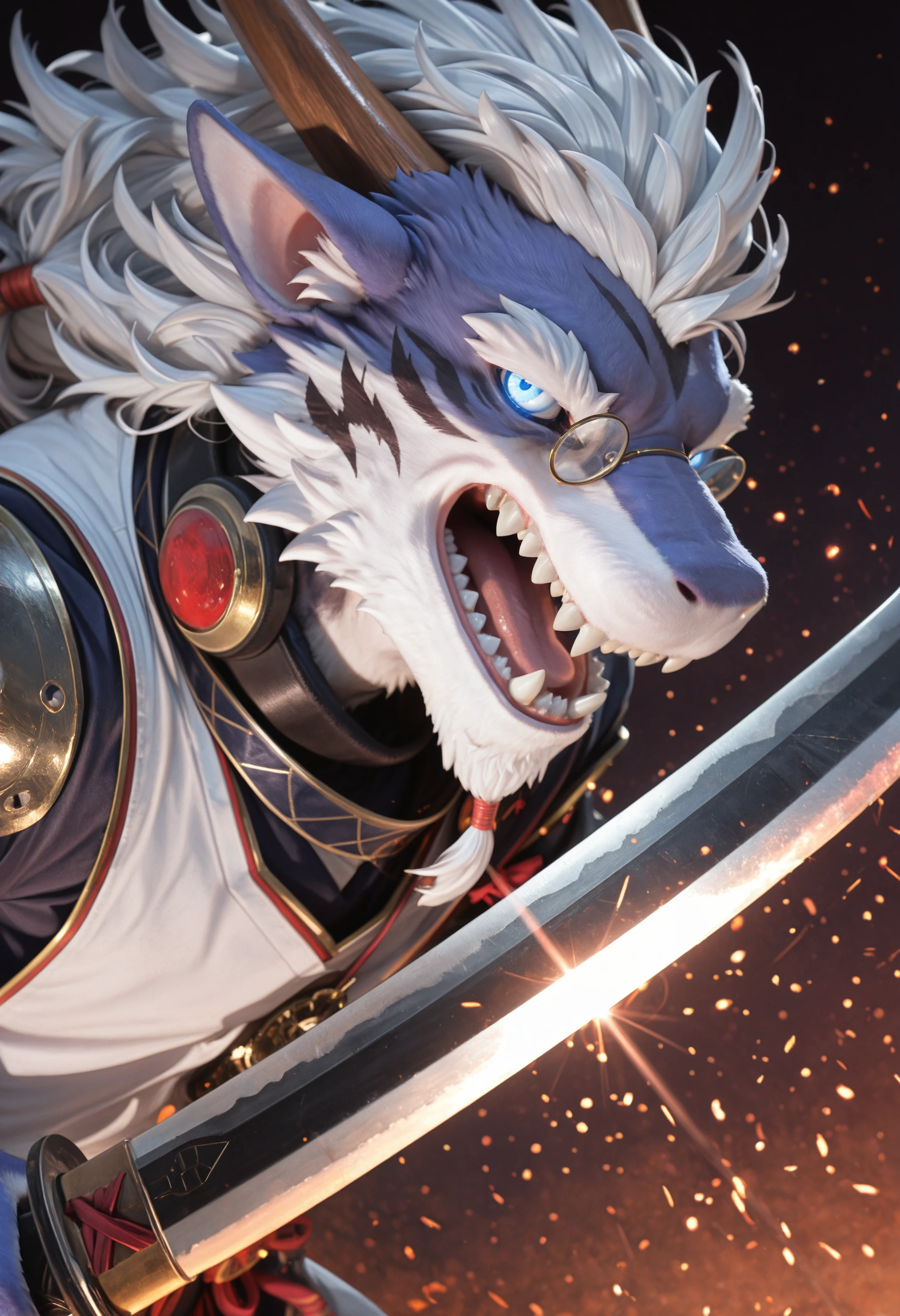 (masterpiece, best quality, very aesthetic, newest, 2024:1.2), (photorealism, photorealistic:1.2), hi res, detailed fur, fluffy fur, close up, dutch angle, shiki_taigen, dragon, furry male, furry, male focus, body fur, 1boy, solo, animal ears, tail, horns, blue eyes, bara, looking at viewer, long hair, glasses, white hair, dark dramatic background, glowing embers in air, extreme close-up face shot, holding katana horizontally near camera, blade sliding out of scabbard, torso slightly leaned forward, furious, aggressive, snarling expression, sharp teeth visible, glowing eyes, looking directly at viewer, frontal extreme close-up, cinematic tight angle, battle outfit, shoulder guard, metallic shine on blade, cinematic lighting, ultra-detailed, intense focus, <lora:noobReal-V2.1:0.45> <lora:Shiki_Taigen_UTAU_Illustrious:1>