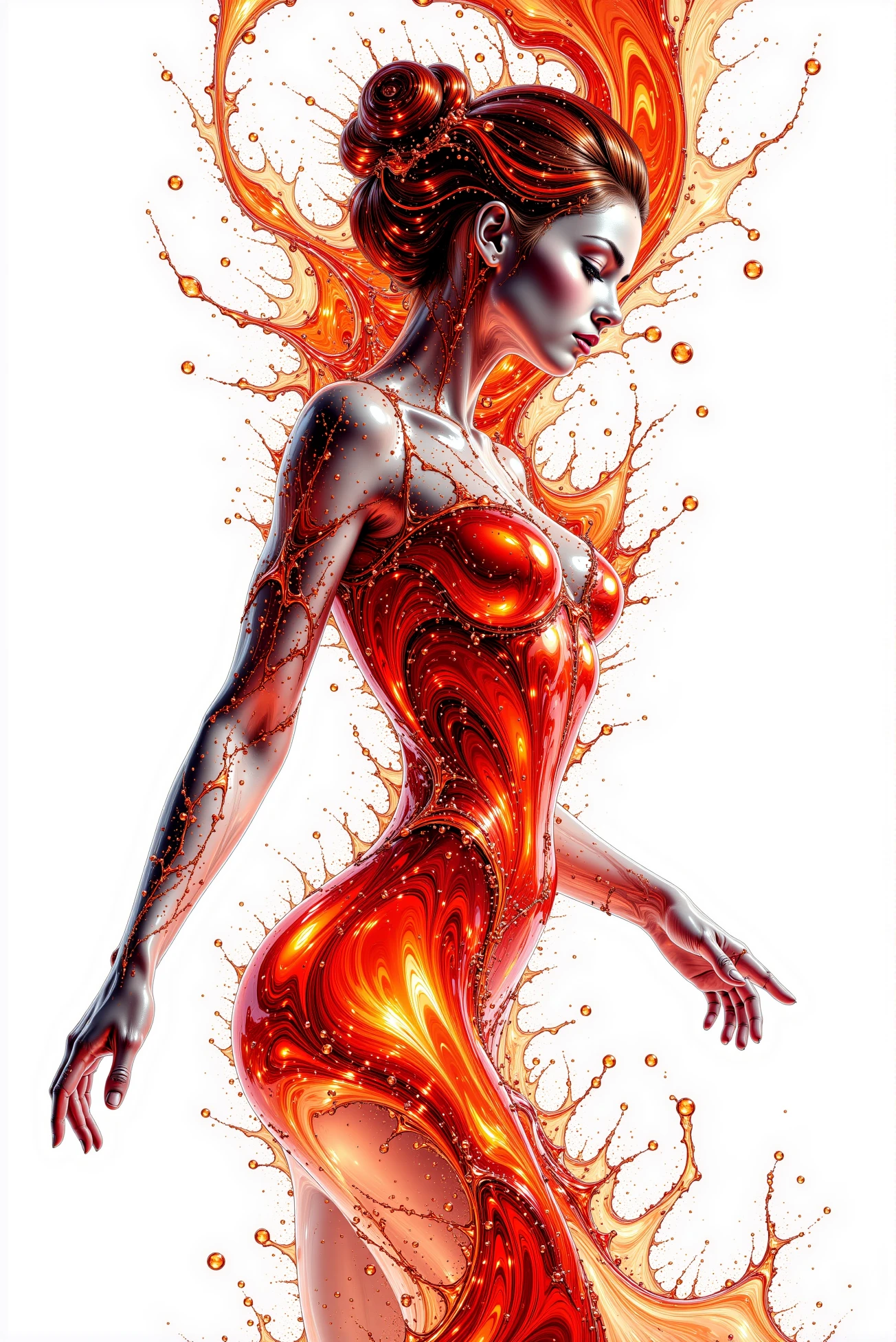 <lora:Liquid_Ladies:0.8> LiquidLady style.  Intricate composition, meticulously detailed, technically elaborate, glossy and shiny, brilliant deep ingenuity of artwork.  ((Techno-minimalistic, clean and sharp style) with a rigorous yet vibrant scientific illustration aesthetic. Precise and accurate lines, accentuated outlines:1.3). photorealistic  impressionist painting style  (vibrant picturesque Gorgeous splash of vibrant paint Alcohol ink art) , line art drawing , a (beautiful charming nobel lady). [beautiful hands]. wearing an exquisite dress, elegant pose, (her silhouette outlined with glowing red). (her silhouette contoured with glowing red). glossy white and gold color scheme.
professional, sleek, modern, minimalist, graphic, line art, vector graphics, black and white drawing, graphite drawing. Fluid and vibrant colors, unpredictable patterns, organic textures, translucent layers, abstract compositions, ethereal and dreamy effects, free-flowing movement, expressive brushstrokes, contemporary aesthetic, wet textured paper. award-winning, professional, highly detailed . extremely high-resolution details, photographic, realism pushed to extreme, fine texture, incredibly lifelike.