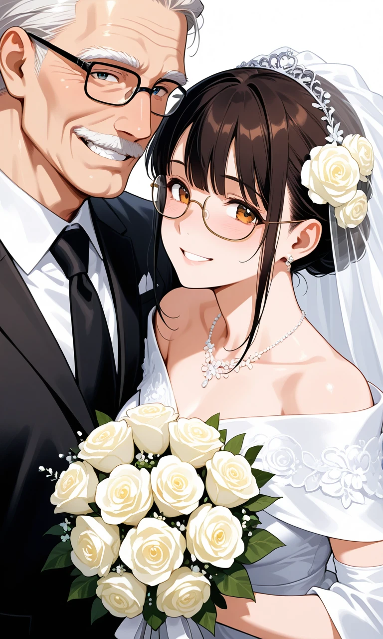 sfw:1.4,
(theme is Daughter's wedding), sfw:1.2 1boy, mature character, glasses, muscular, japanese old man, family formal wear, tear up, dandy smile face, holding a Wedding bouquet. The two stand close together. looking at viewer, (close-up female), from side,, score_9, score_8_up, score_7_up,, masterpiece, amazing quality, very aesthetic, high resolution, ultra-detailed, absolute, newest,
2d, semi-realistic, moe heroine, sharp focus,