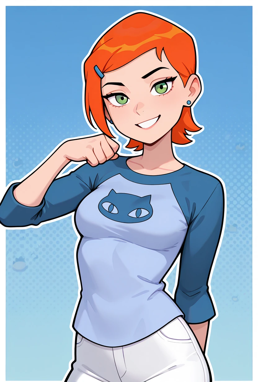 <lora:gwenos-08:1> gwenos, short hair, hairclip, orange hair, 1girl, green eyes, earrings, solo, blue shirt, raglan sleeves, cat print, white pants, eye liner, adult, busty, medium breasts, wide hips,, pose, teeth, , looking at viewer, smile, blue background, adult,, masterpiece, best quality, amazing quality, very aesthetic, absurdres, newest,, upper body, halftone effect, white borders, abstract background:1.2, white outline,