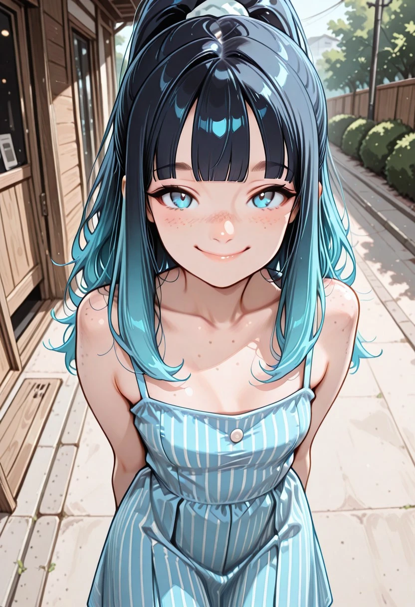 masterpiece, best quality, 32k, high resolution, absurdres, 1girl, Kimb3r1yRH, cyan hair, gradient hair, high ponytail, long hair, blunt bangs, freckles, blue eyes, small mouth, thin nose, small breasts, slim, Adult girl, blue sundress, striped sundress, hands behind back, smiling, outdoors, high angle view, looking at the viewer, aesthetic, detailed background, posing cute, flirty