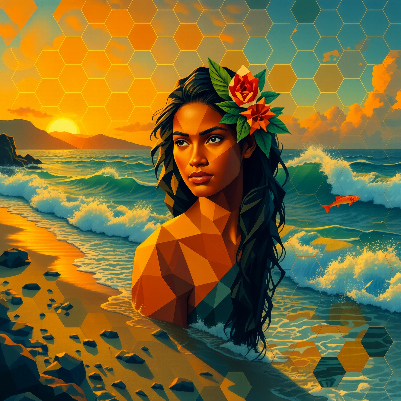 A geometric portrait of a beautiful Polynesian woman, standing on the beach in the early morning. Waves crash onto the shore behind her and a fish leaps from the water.