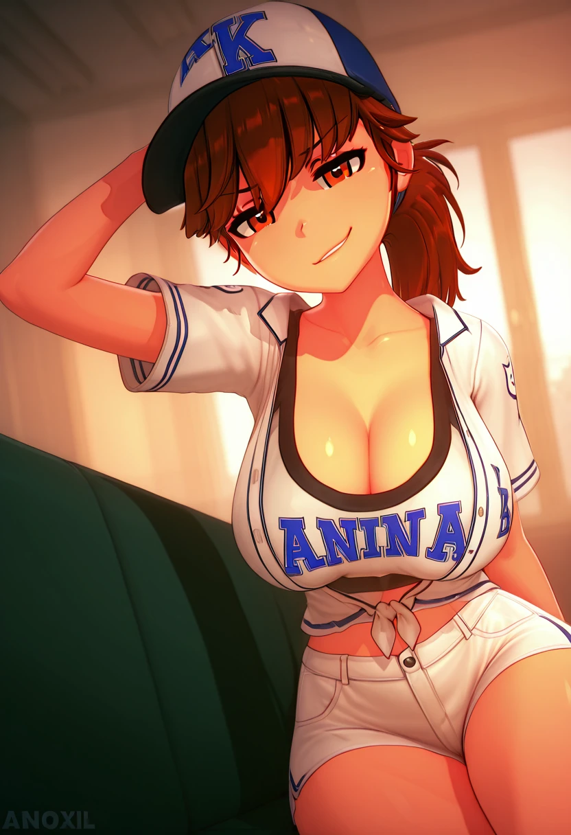 masterpiece, best quality, solo, curvy, beautiful eyes, narrow waist, wide hips, 1girl, solo, smile, looking at viewer, dynamic angle, foreshortening, close up,    3d,  zzAnna, brown eyes, brown hair, long hair, ponytail, large breasts,  baseball cap, baseball uniform, white shorts, smug,  <lora:AnnaAnon_IXL:1.0>,  laying on side, one arm supporting head, relaxed, looking at viewer,