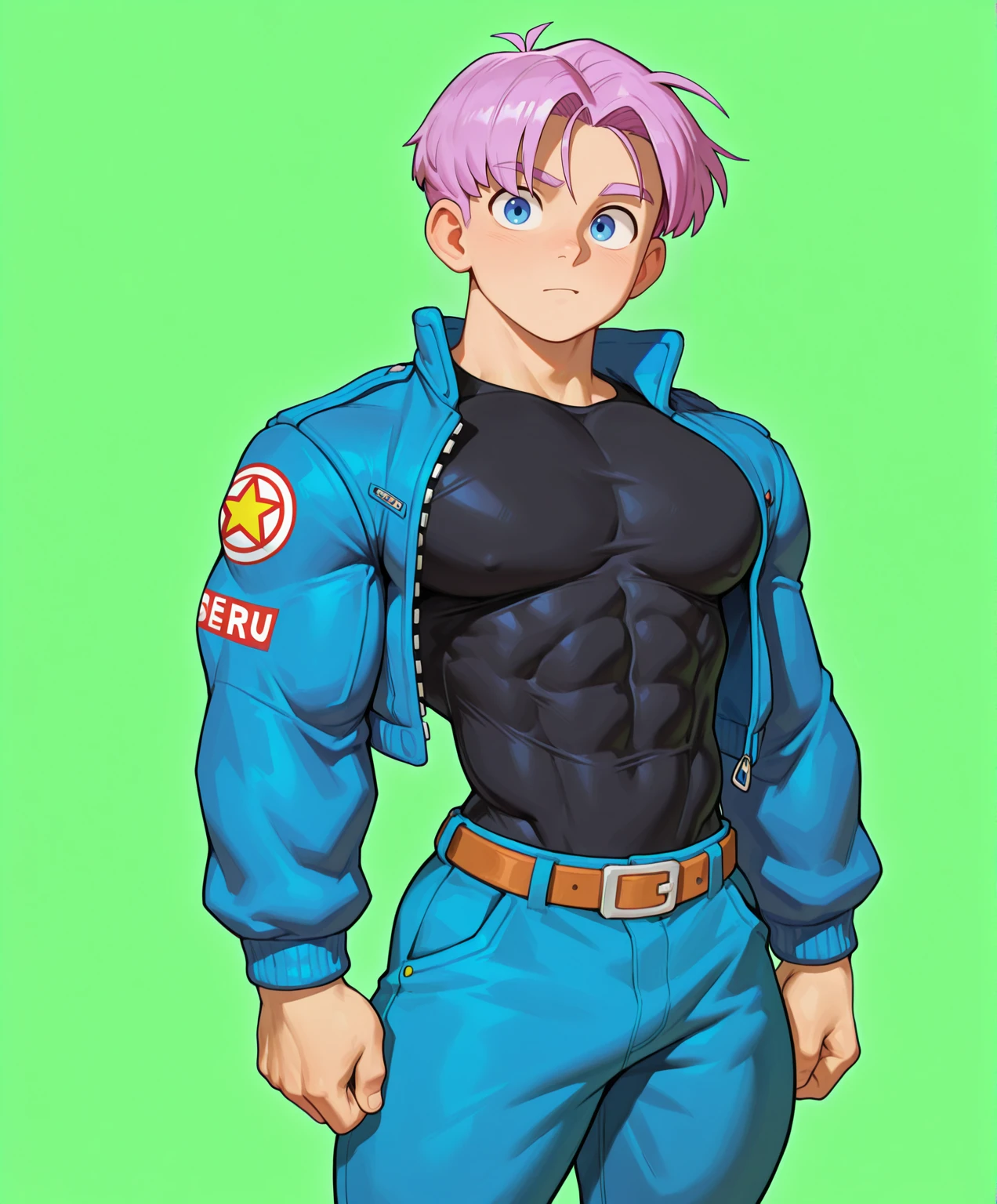 masterpiece, best quality, absurdres, newest, perfect quality, best quality, detailed background, intricate details, bara, (boy, male, male focus:1.5), (human:1.8), <lora:IL_BaraMerge_1.1:0.4> <lora:NAI_Style_CheeseCrumbles:0.3> cheesecrumbles <lora:NAI_Style_Yuatari:0.3>, cute, <lora:IL_Fix_AgeSlider:-1>, young, teen, fit body, muscles, big pecs, (tiny waist), trunks \(future\) \(dragon ball\), shirt, pants, jacket, (solo, 1boy:1.3), (facing viewer), looking at viewer, cowboy shot, (simple green background)