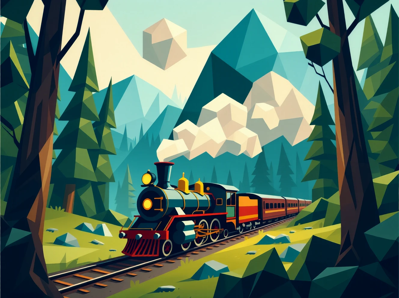 A steam train moving through the geometric forest. Smoke rises from the train in geometric shapes, rising into the air.