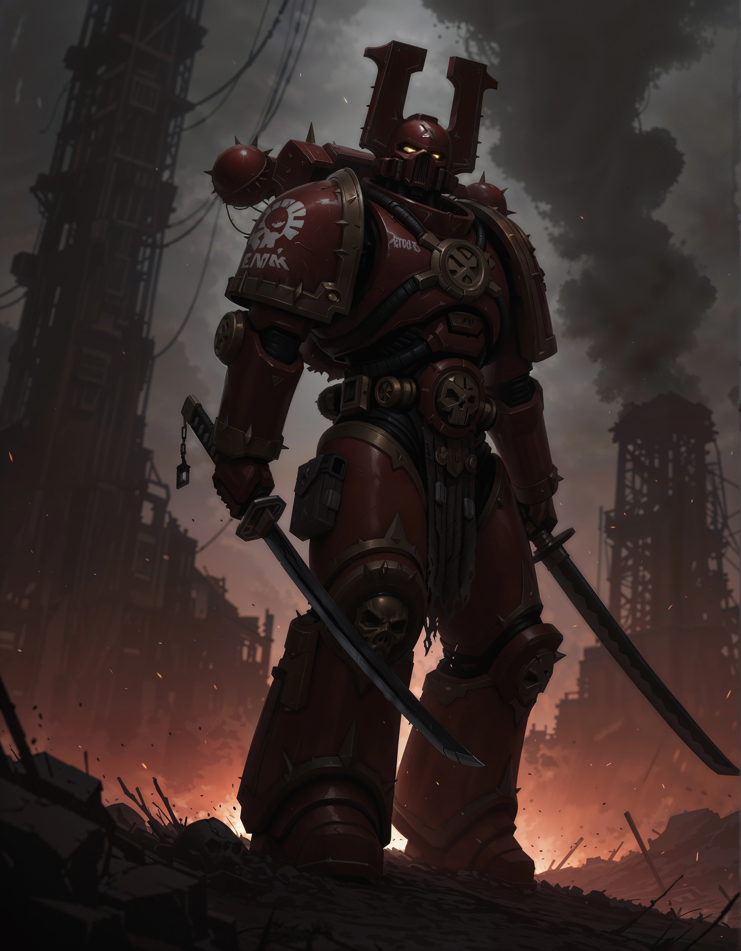 masterpiece, best quality,high quality, newest, highres,8K,HDR,absurdres, WorldE40K, 1boy, solo, helmet, power armor, holding a katana, in a battlefield, apocalyptic, grimdark, mid shot, <lora:iLLWorldE40K:1>