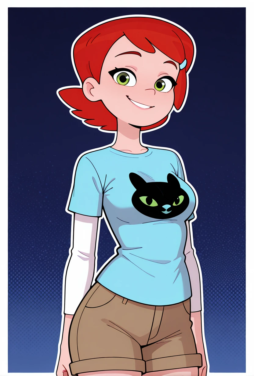 <lora:gwenreb-07:1> gwenreb, 1girl, red hair, hairclip, short hair, green eyes, solo, blue shirt, layered sleeves, short over long sleeves, print shirt, brown shorts, eye liner, adult, busty, medium breasts, wide hips,, pose, , looking at viewer, smile, light blur background, dark blue background, adult,, masterpiece, best quality, amazing quality, very aesthetic, absurdres, newest,, upper body, halftone effect, white borders, abstract background:1.2, white outline,