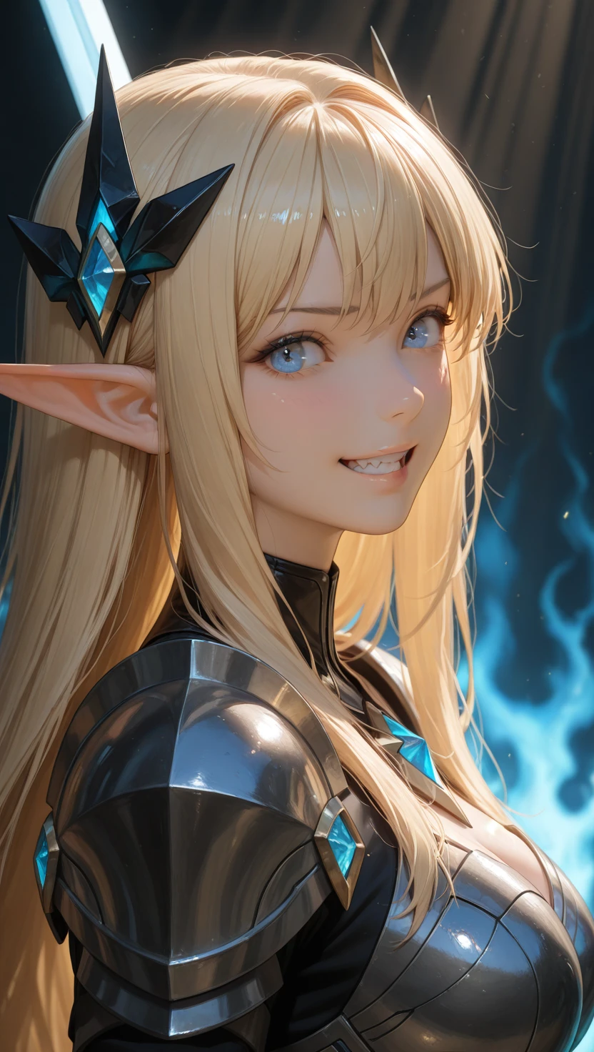 headshot, ((close-up eyes, face focus)), sfw:1.2,
epic final battle scene, fierce and charismatic expression, Swinging Down massive cursed greatsword with emitting a cursed effect, wearing ornate black fantasy long-dress with intricate metallic engravings, black light armor, flowing golden hair, standing in a ruined city engulfed in blue flames and smoke, powerful dramatic lighting, atmospheric effects, high detail, dark aura effect around her,
ultra-detailed armor, perfect anatomy, battlepose, dynamic composition, low angle, from side, looking at viewer.
ultra detailed lips, ultra detailed face and hair, beautiful eyes,
kawaii, adorable, cute,
elf girl, (apatite eyes with CGI Effect), (long hair, deep blonde hair:1.2),
medium breasts, wide hip,
BREAK, volumetric lighting, gaze at away, sharp eyes, angry, open mouth grin,, masterpiece, amazing quality, very aesthetic, high resolution, ultra-detailed, absolute, newest,
2d, semi-realistic, moe heroine, sharp focus,, anime style, anime color,