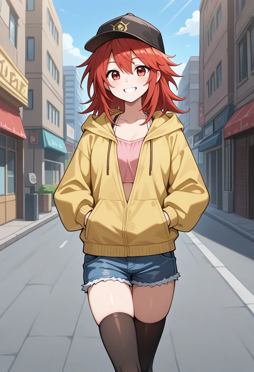1girl, solo, hiitaygo, duel monster, red hair, medium hair, red eyes, yellow jacket, hoodie, pink tanktop, denim shorts, cutoffs, black baseball cap, black thighhighs, urban clothing, outdoors, city, street, hands in pockets, walking, smile, teeth, cowboy shot,