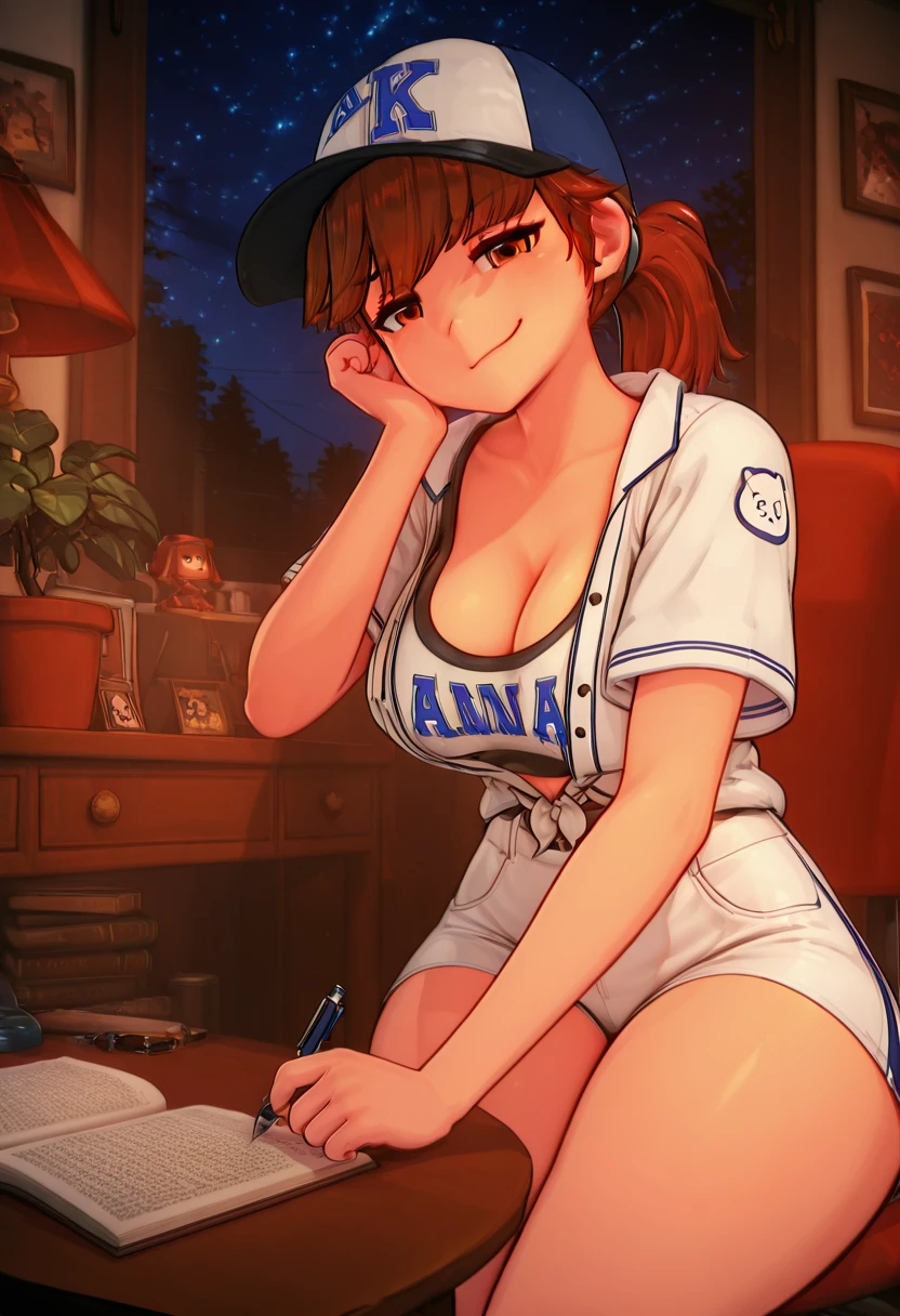 masterpiece, best quality, solo, curvy, beautiful eyes, narrow waist, wide hips, 1girl, solo, smile, looking at viewer, dynamic angle, foreshortening, close up,    3d,  zzAnna, brown eyes, brown hair, long hair, ponytail, large breasts,  baseball cap, baseball uniform, white shorts, smug,  <lora:AnnaAnon_IXL:1.0>,  , zzLofi, sitting, side view, desk, chair, book, bookshelf, head rest, holding, holding pen, lamp, night, open book, pen, plant, potted plant, sky, star (sky), starry sky, window, windowsill, writing, <lora:LofiGirl_Style_IXL:0.8>,