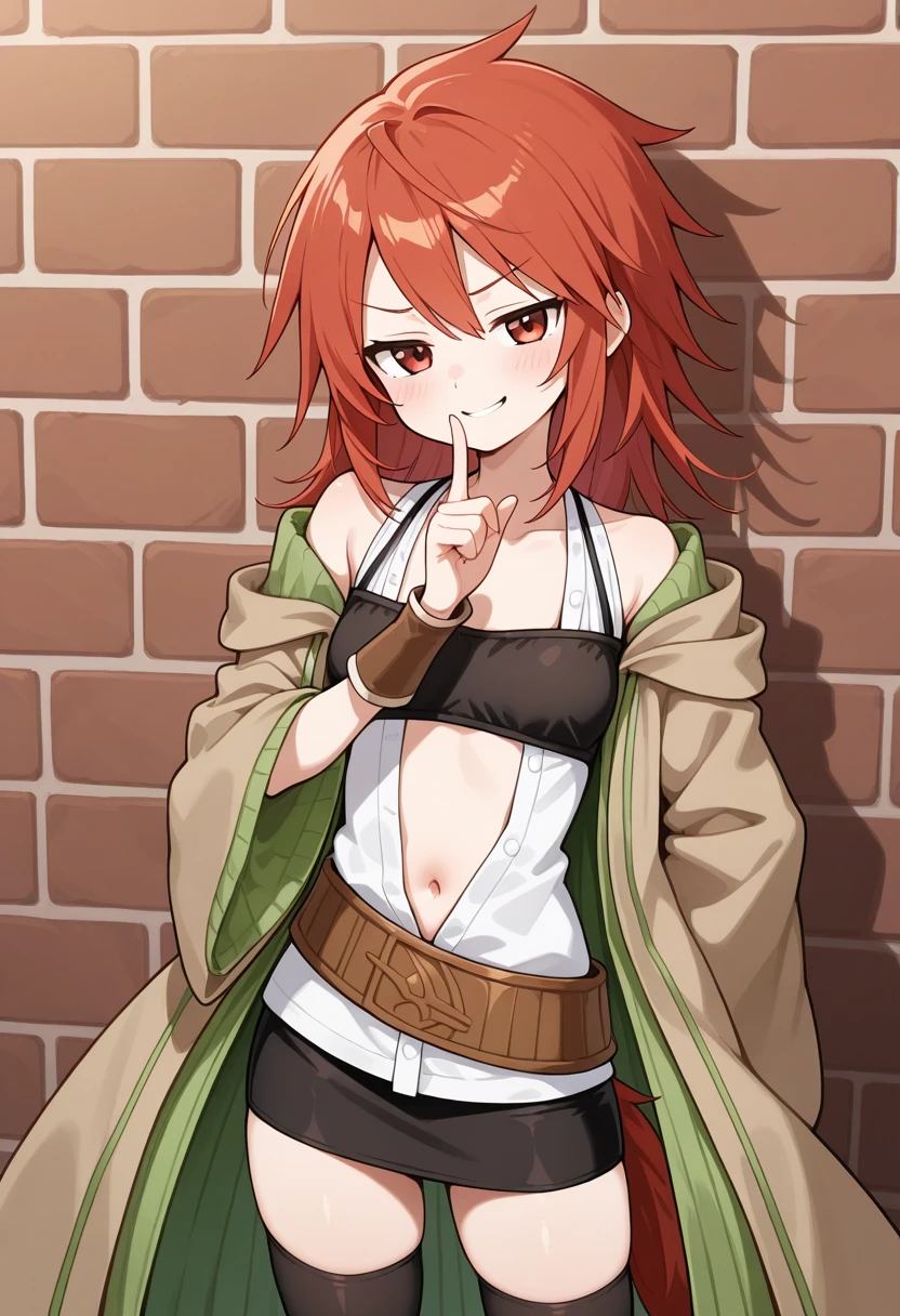 1girl, solo, hiitaygo, duel monster, red hair, medium hair, red eyes, brown hooded robe, wide sleeves, green ribbed coat, layered clothes, white sleeveless shirt, open shirt, navel, collarbone, black bandeau, brown belt, brown wrist guards, black skirt, pencil skirt, black thighhighs, brick wall, grafitti, leaning, cowboy shot, smile, smug, finger to mouth, shushing,